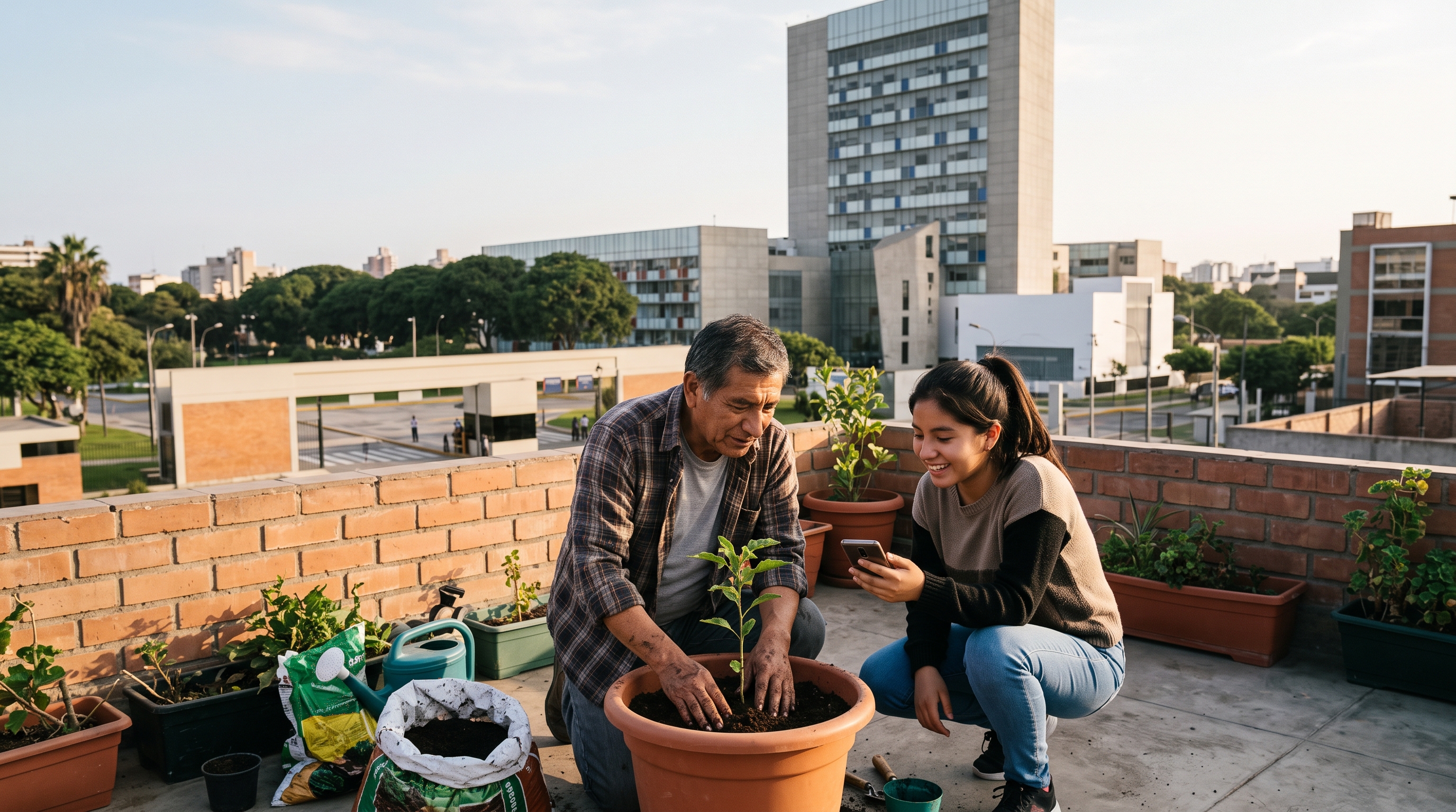Abuelo y nieta trasplantando un plantón en la azotea de su casa mientras ella le muestra su horario de clases en el celular