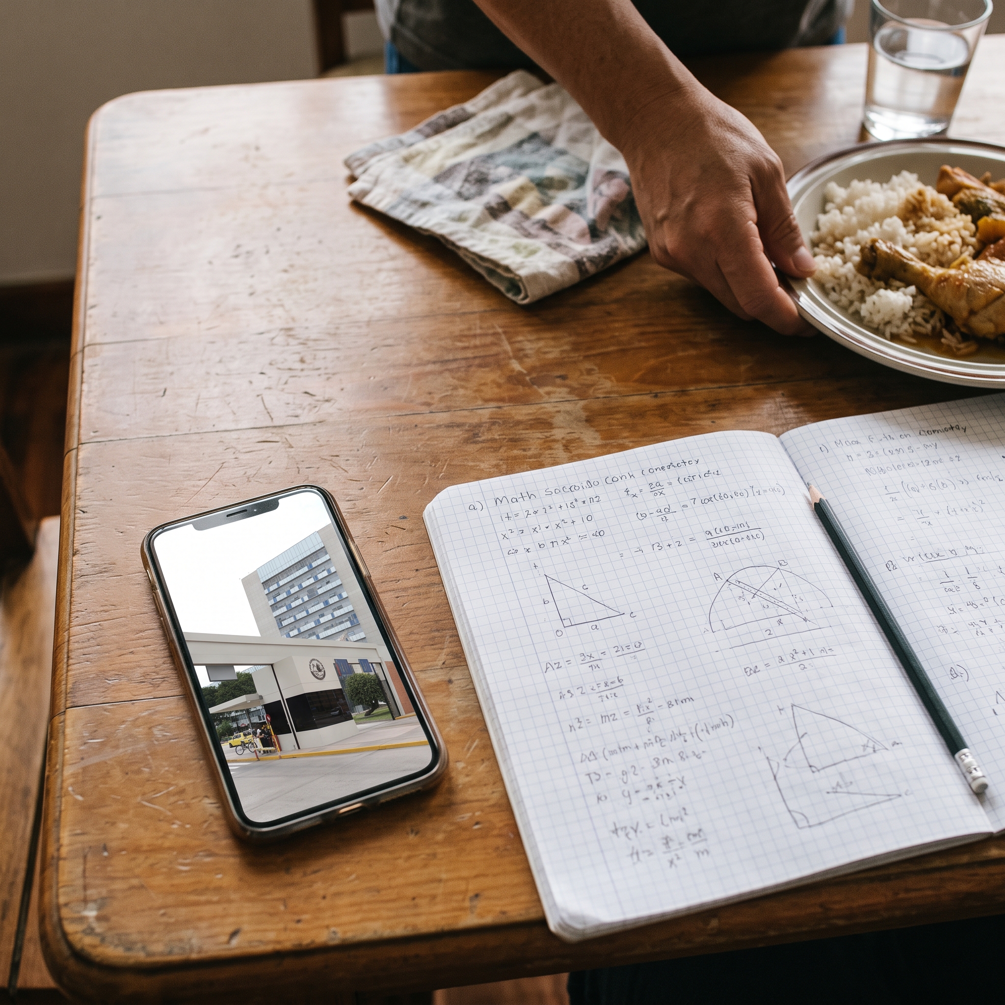 Mesa de comedor con un cuaderno de matemática y un celular, mientras una mano adulta sirve un plato de comida