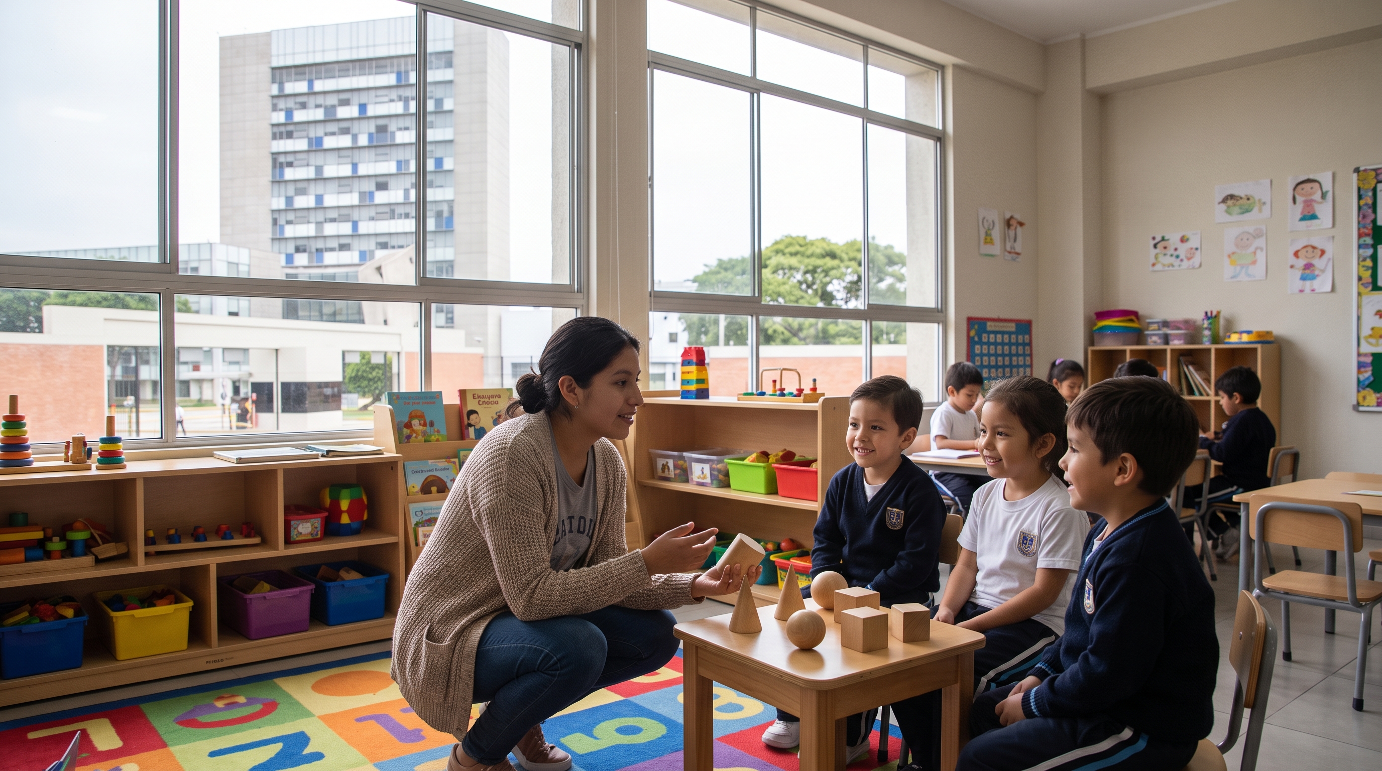Estudiante de educación mostrando figuras geométricas de colores a un grupo de niños en un aula