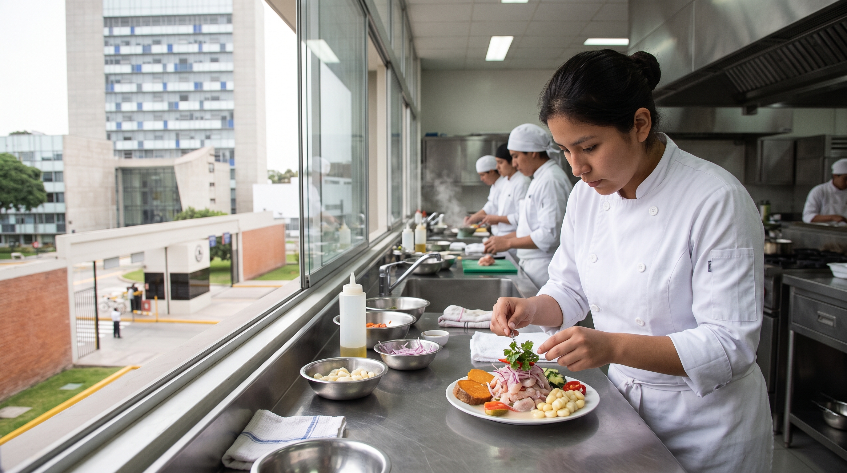 Estudiante con chaqueta de cocinero emplatando un plato en una cocina de acero