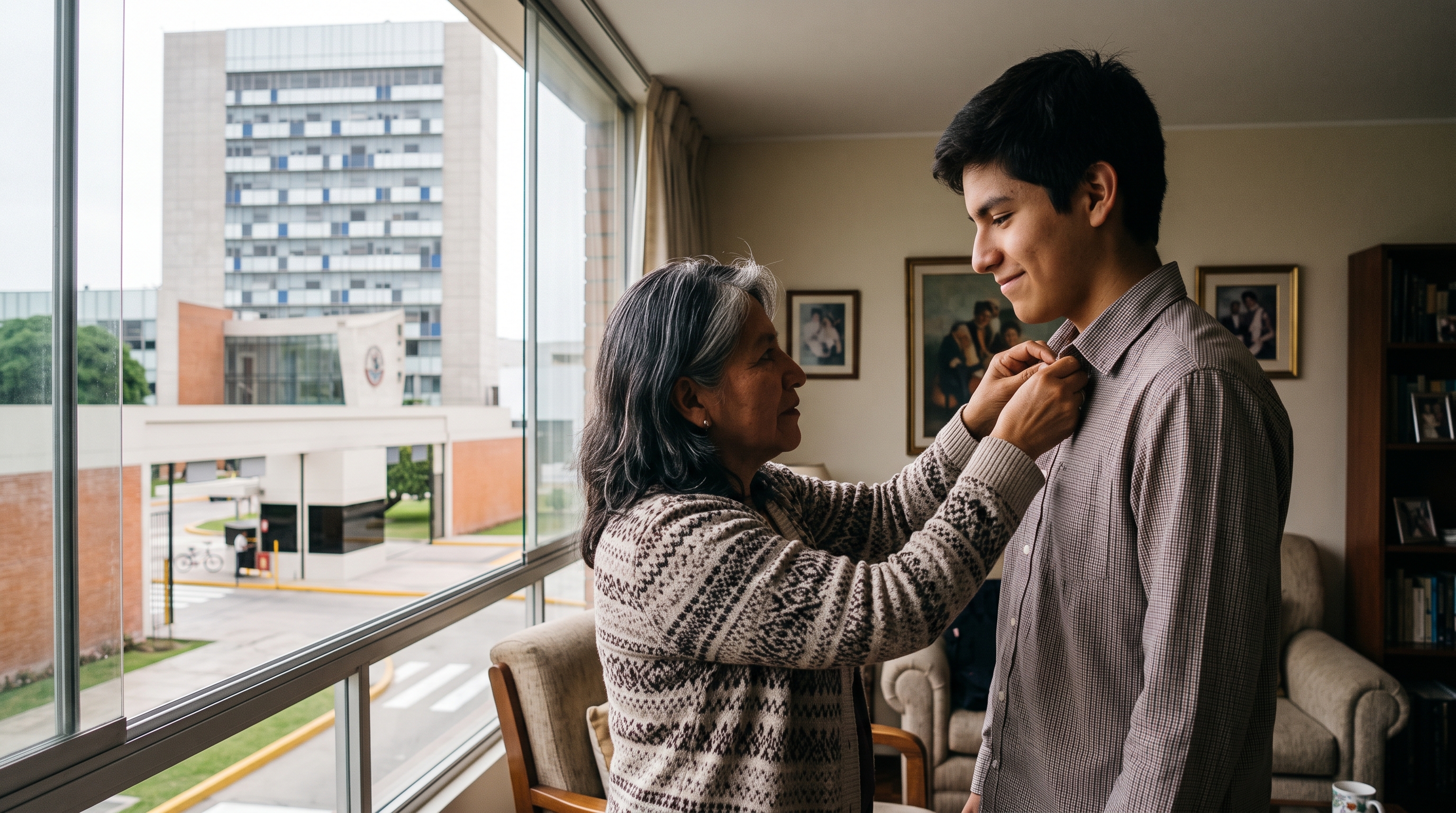 Abuela acomodándole con cariño el cuello de la camisa a su nieto antes de que salga de casa