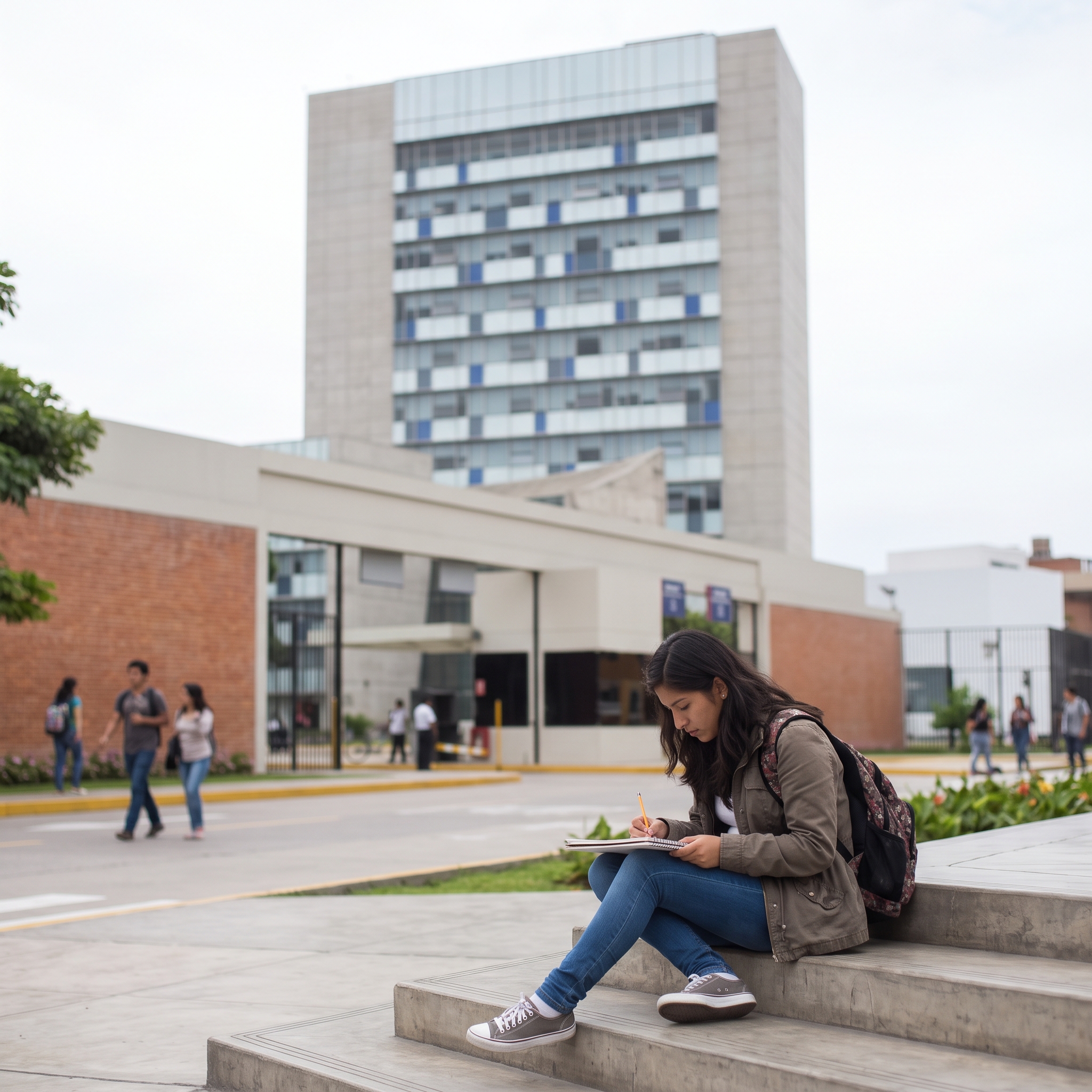 Estudiante dibujando a mano alzada la fachada de un edificio moderno en su croquera, sentada en unas escalinatas de concreto