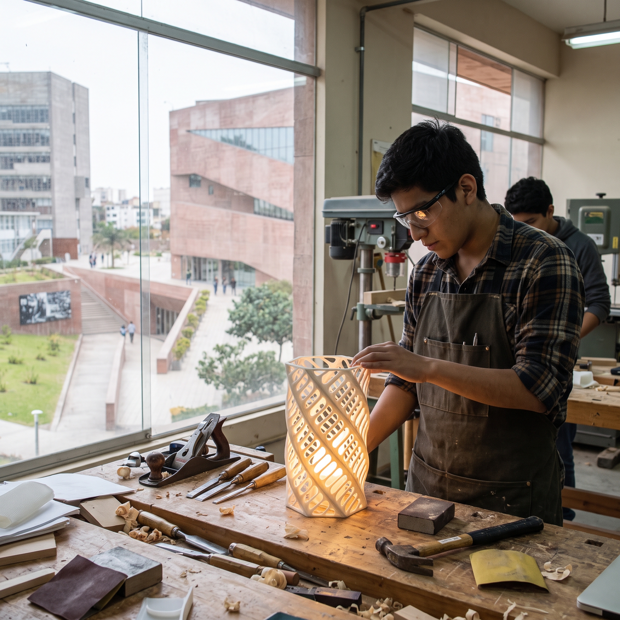 Estudiante de diseño industrial examinando el prototipo impreso en 3D de una lámpara en un taller