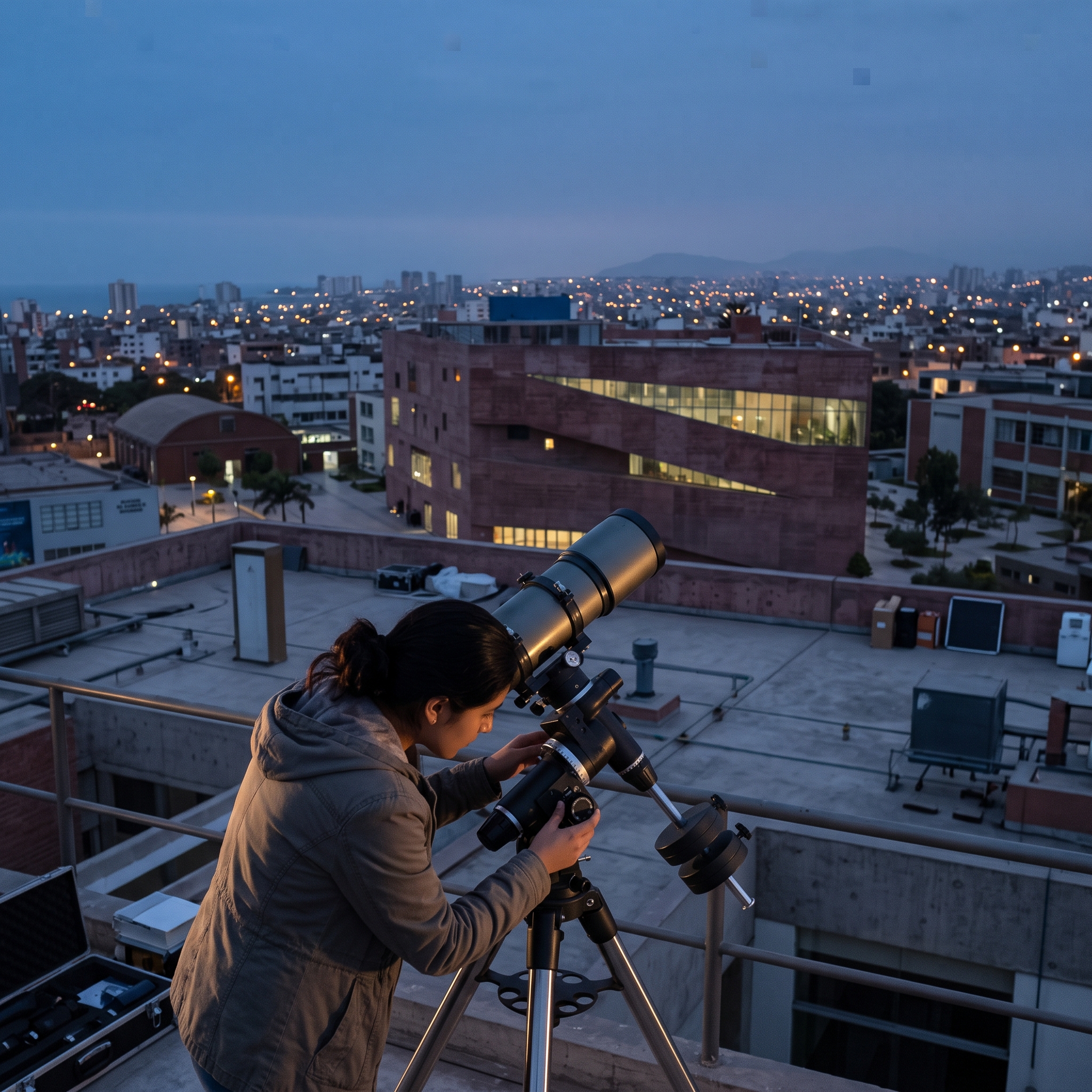 Estudiante ajustando un telescopio en la azotea de un edificio al anochecer, con el cielo azul profundo de fondo