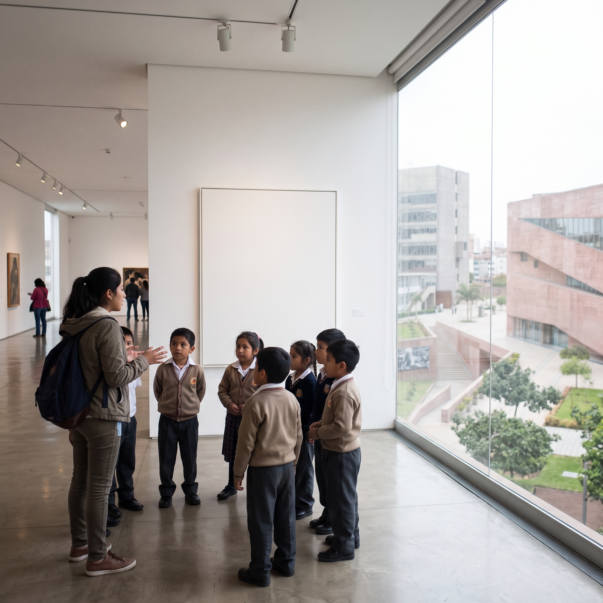 Estudiante de educación guiando a un grupo de niños, vistos de espaldas, frente a un cuadro grande en un museo