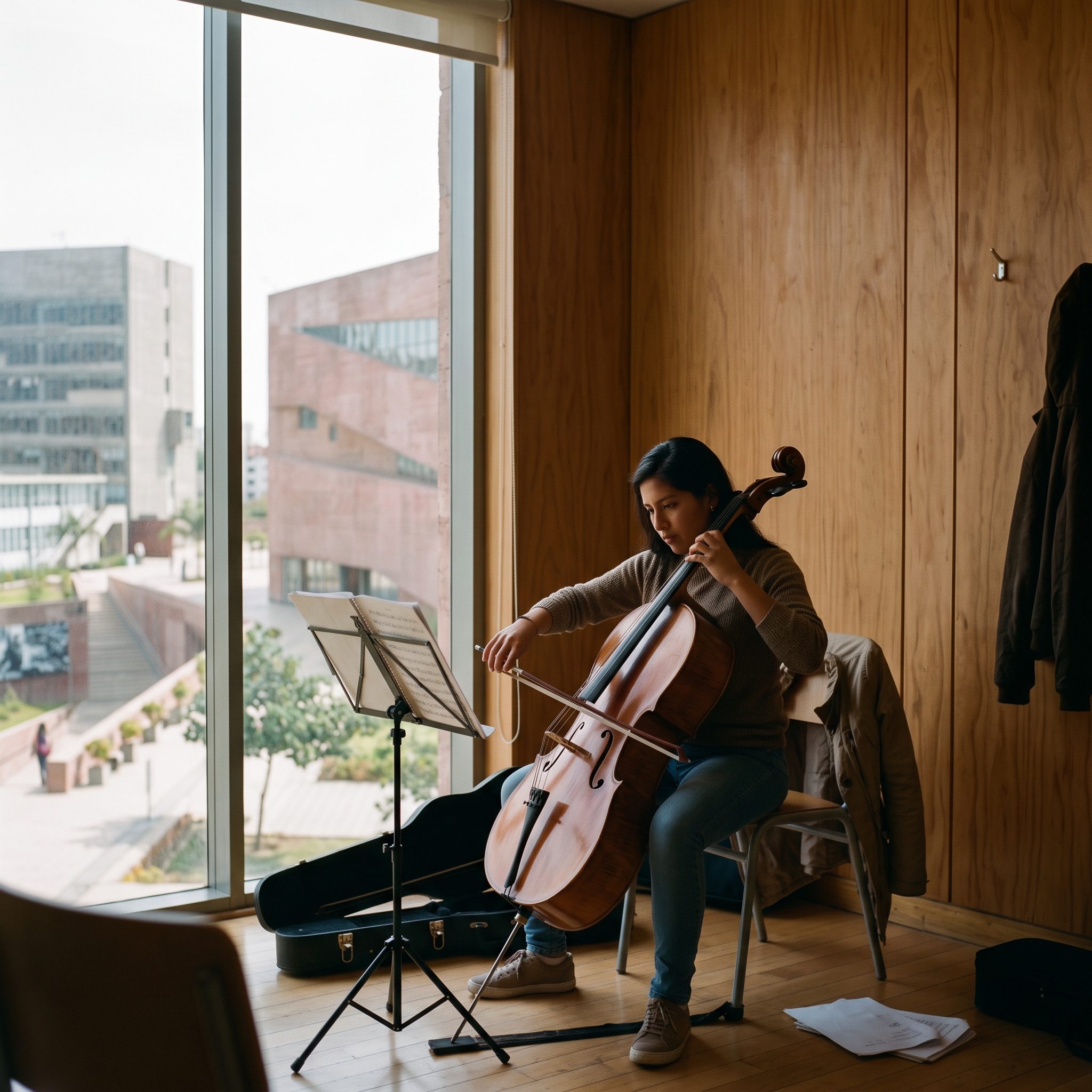 Estudiante ensayando con su violonchelo en una sala con paredes de madera