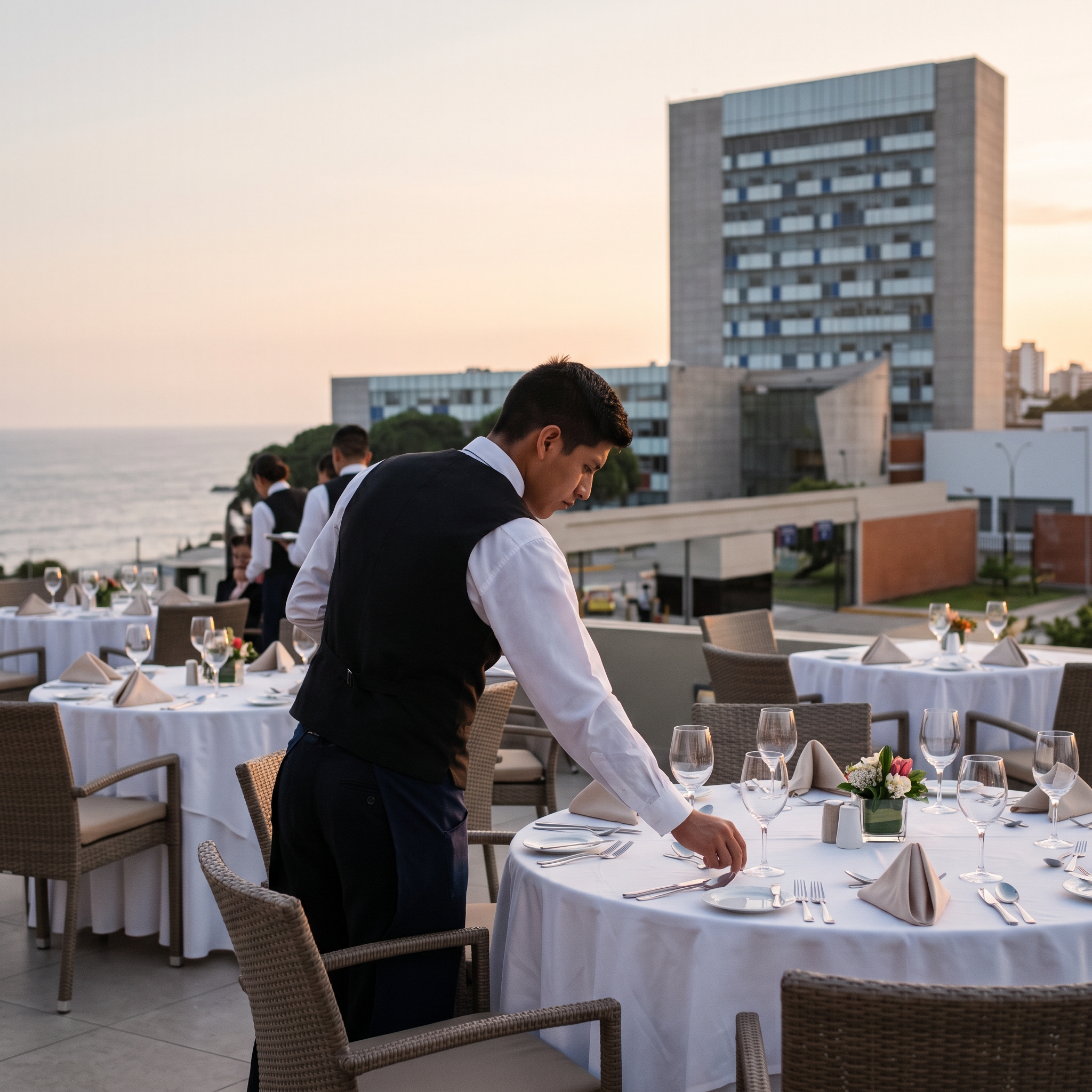 Estudiante de hotelería con chaleco sirviendo una mesa elegante en la terraza de un hotel con vista al mar