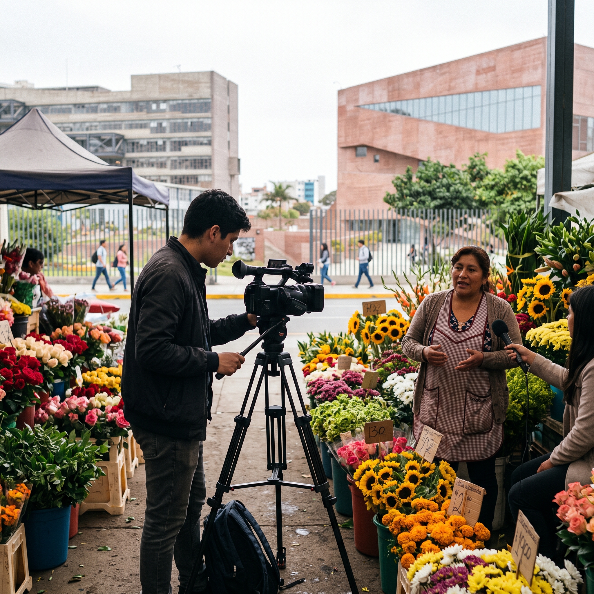 Estudiante grabando con una cámara sobre trípode la entrevista a una florista en un mercado de Lima