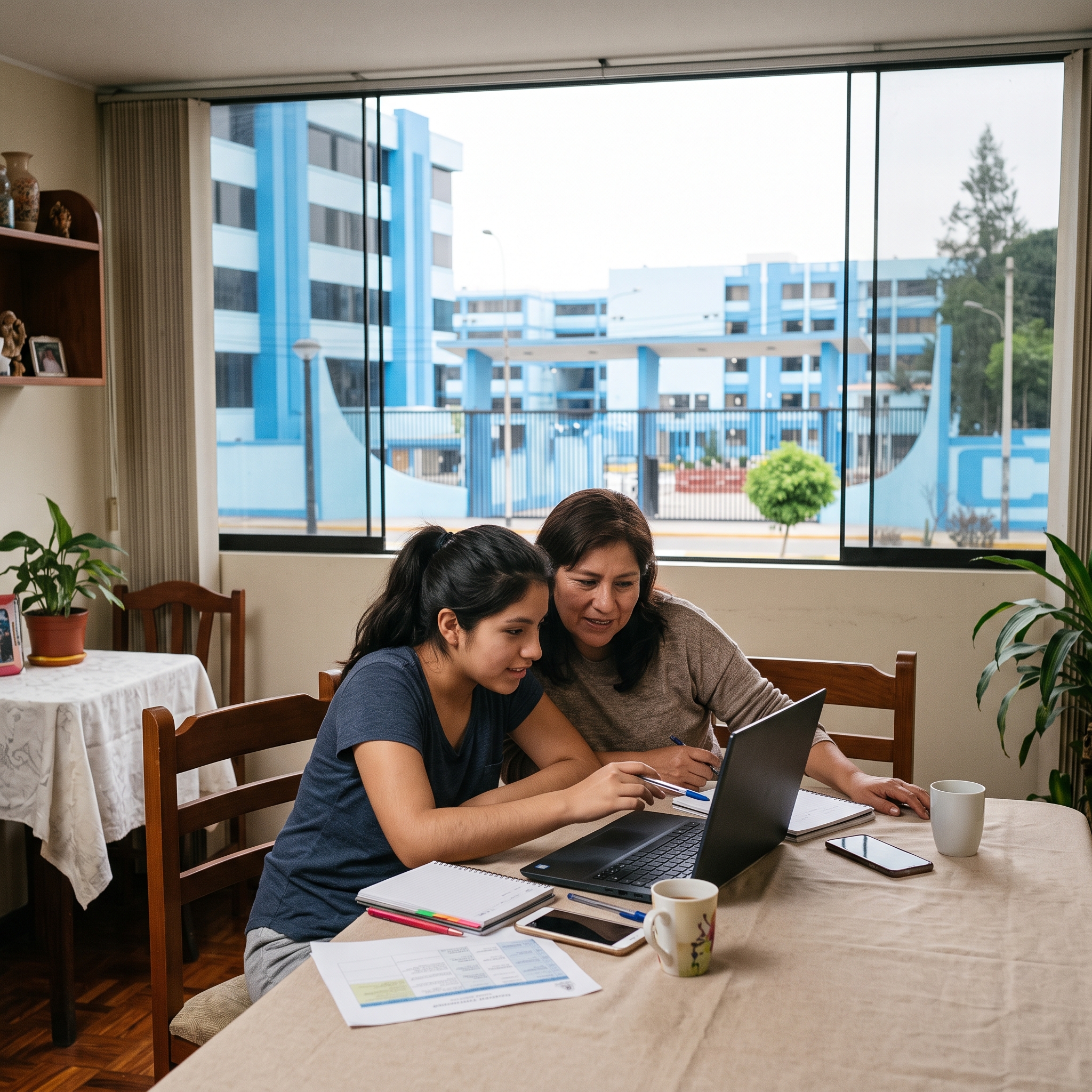 Madre e hija revisando juntas un horario de clases en una laptop en la mesa de su casa