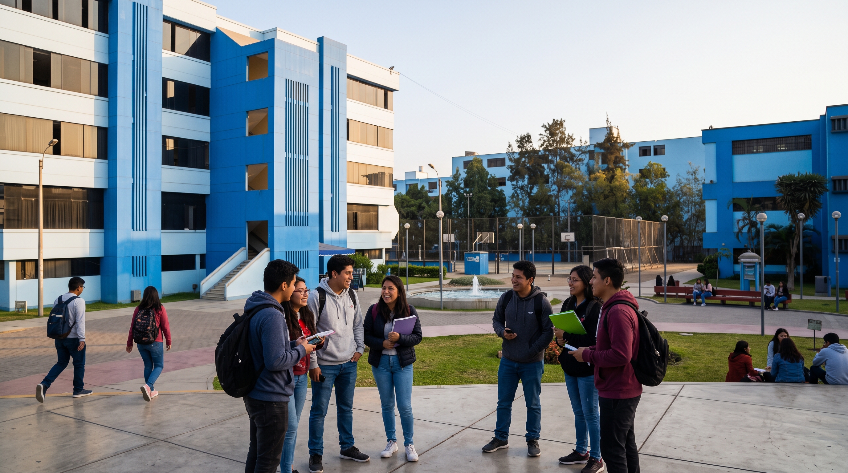 Estudiantes universitarios conversando y riendo en el patio de una universidad pública del Callao