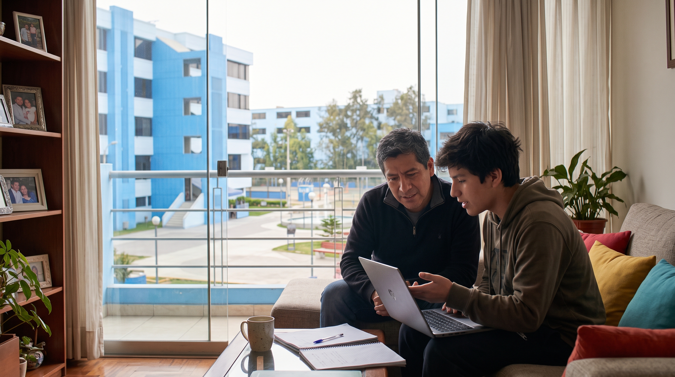 Padre e hijo revisando juntos una laptop en la sala de su casa