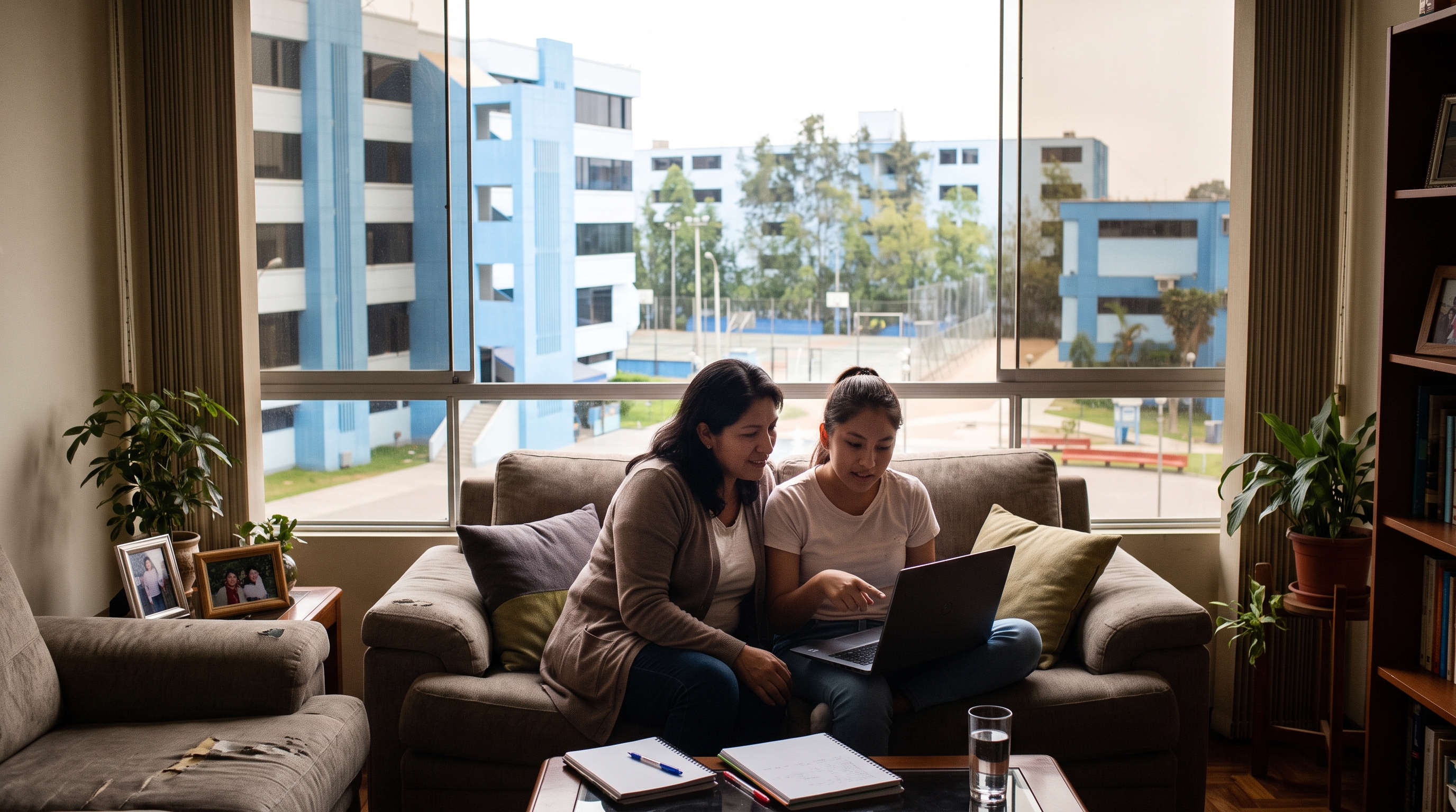 Madre e hija revisando juntas una laptop en la sala de su casa