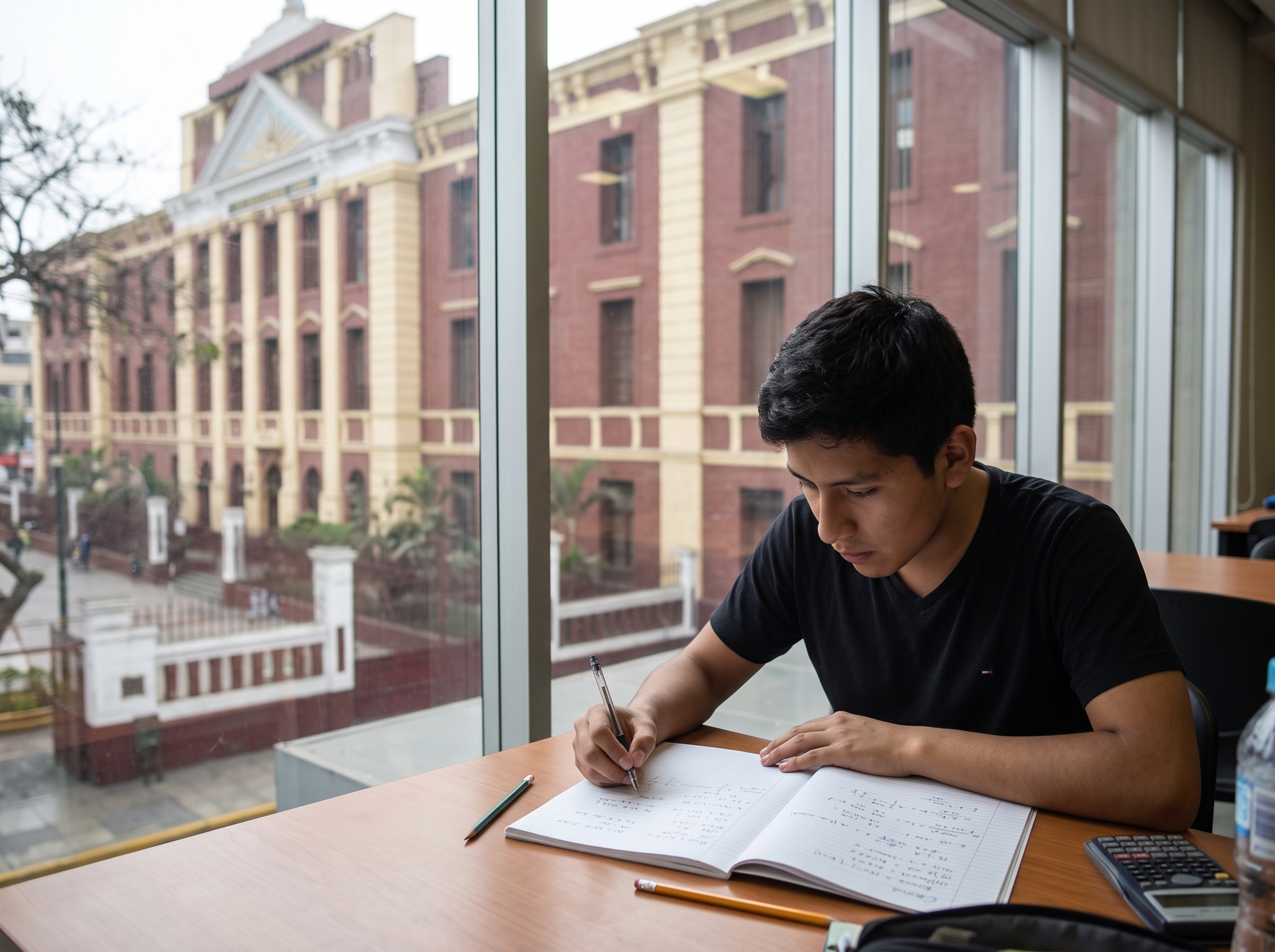 Estudiante repasando operaciones en su cuaderno a primera hora de la mañana