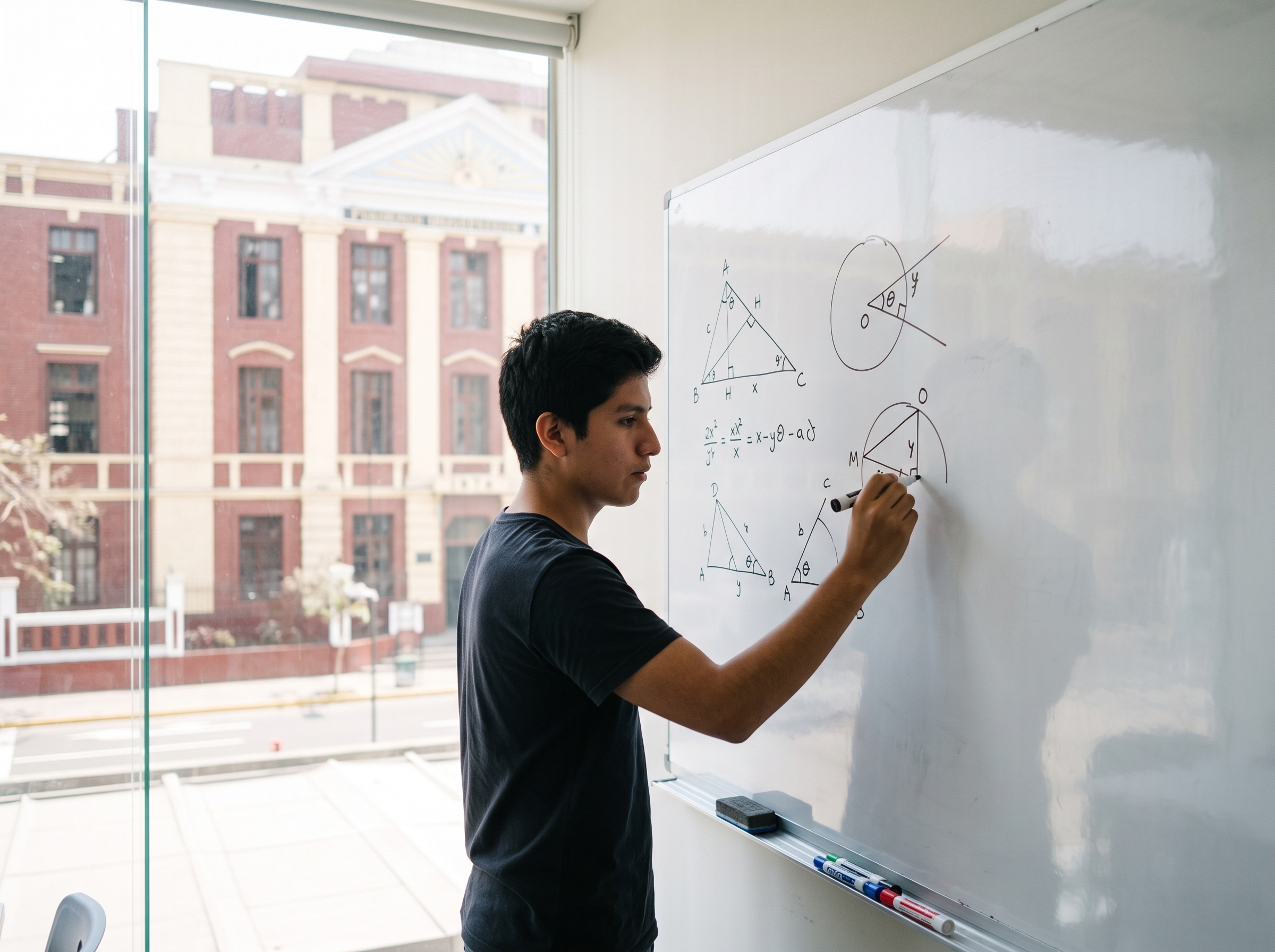 Estudiante resolviendo un problema de geometría paso a paso en una pizarra blanca