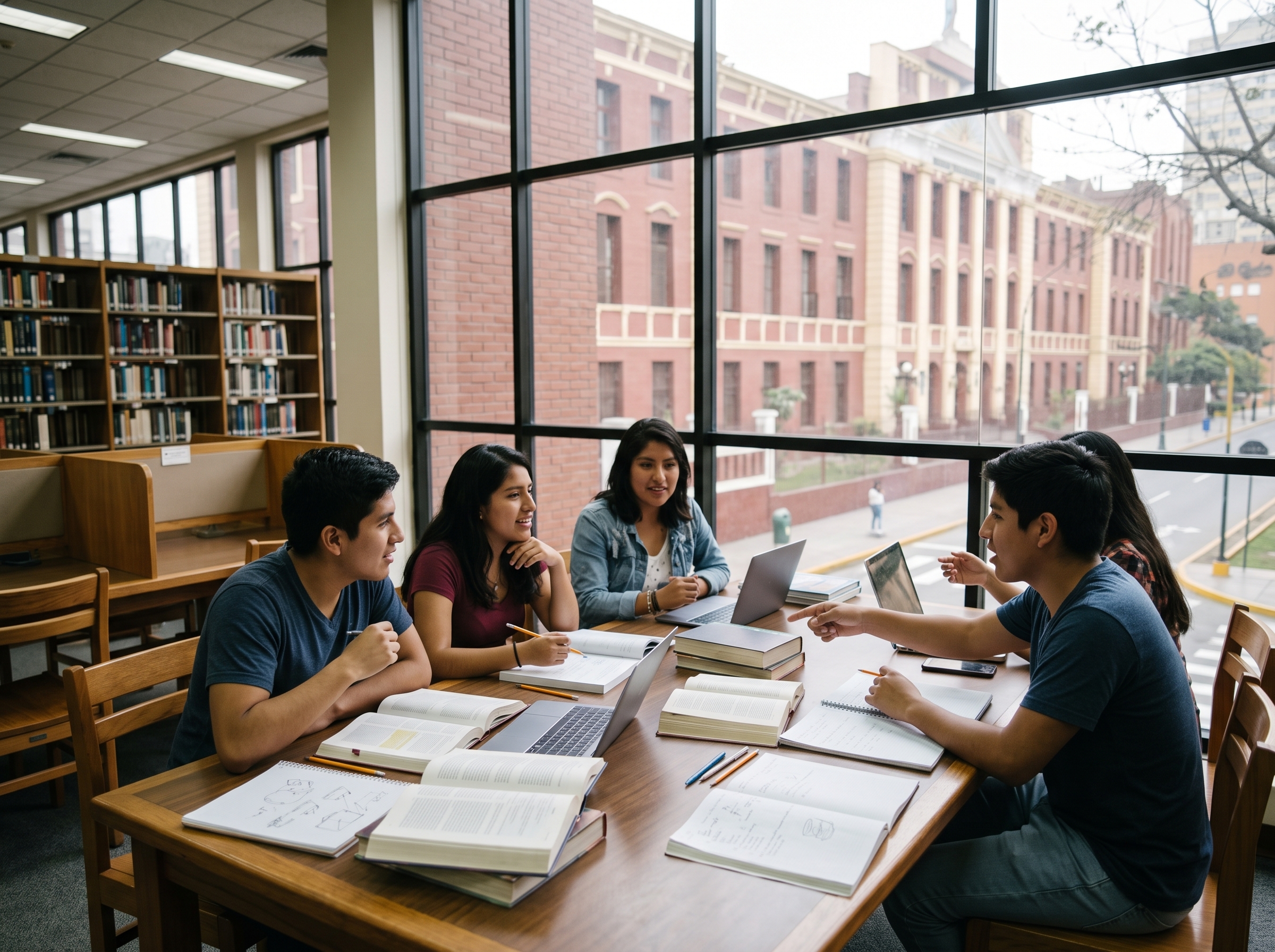 Grupo de estudiantes debatiendo alrededor de una mesa de biblioteca llena de libros