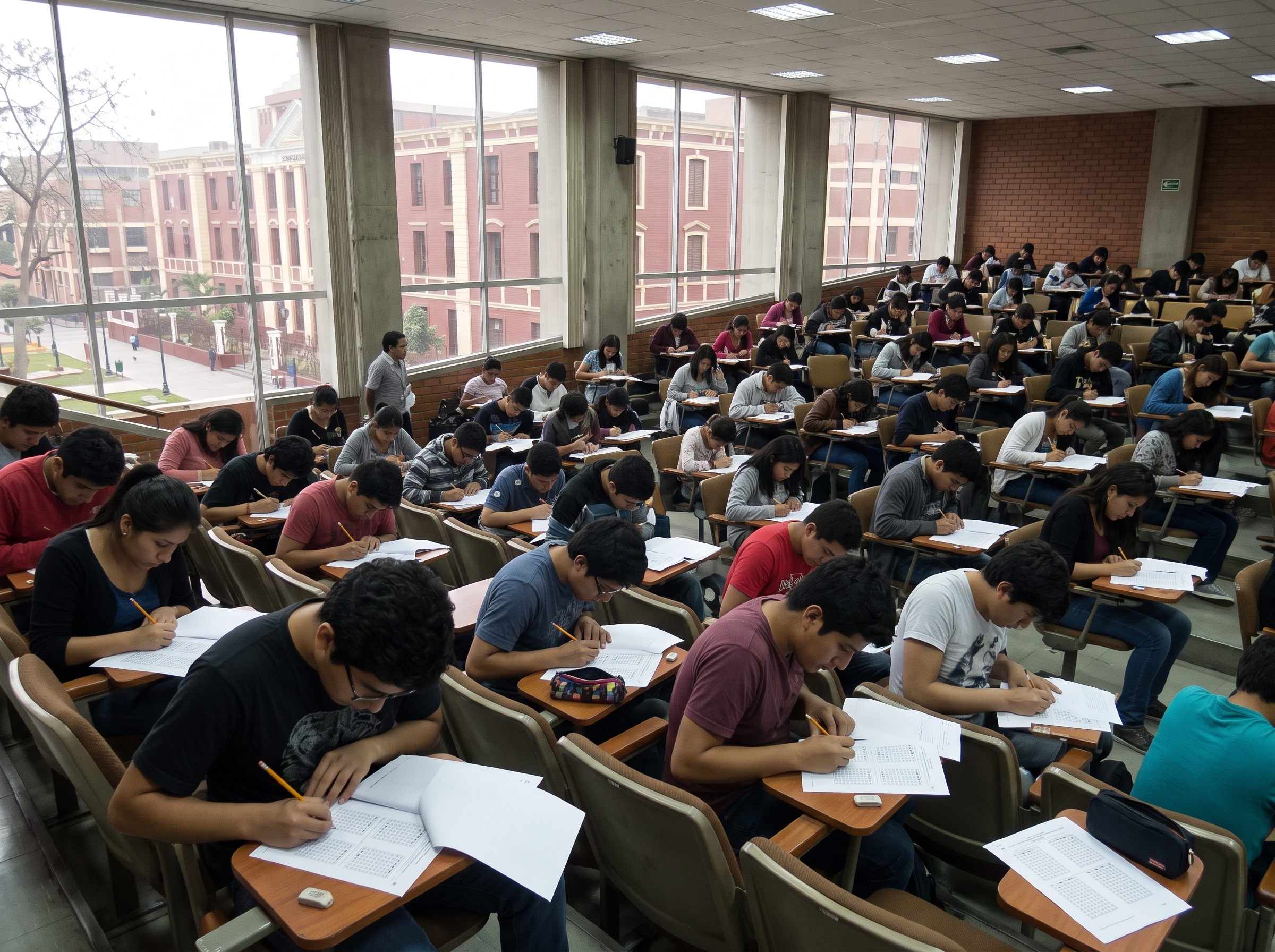 Postulantes concentrados rellenando fichas de respuestas en un simulacro de examen