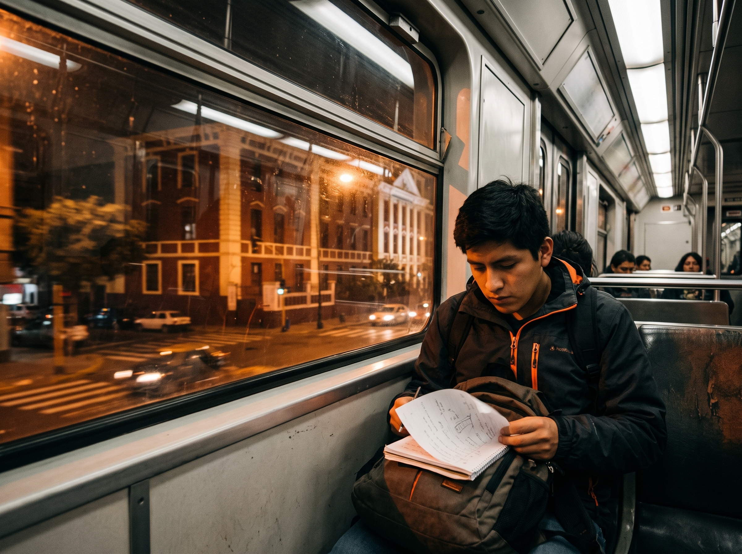 Postulante repasando sus apuntes en un vagón de tren de noche, con gesto decidido