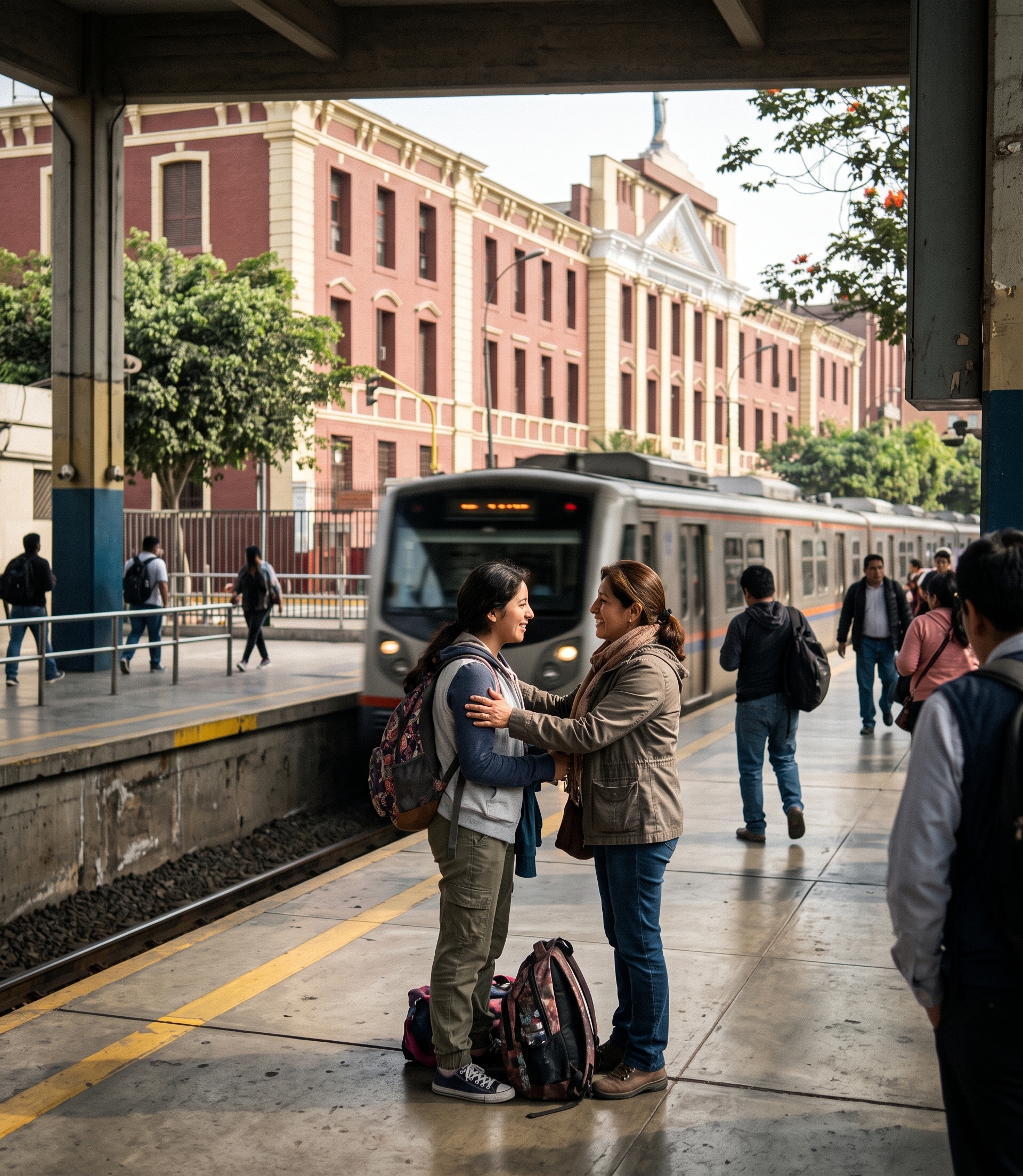 Madre despidiendo a su hija en el andén de una estación, las dos sonriendo