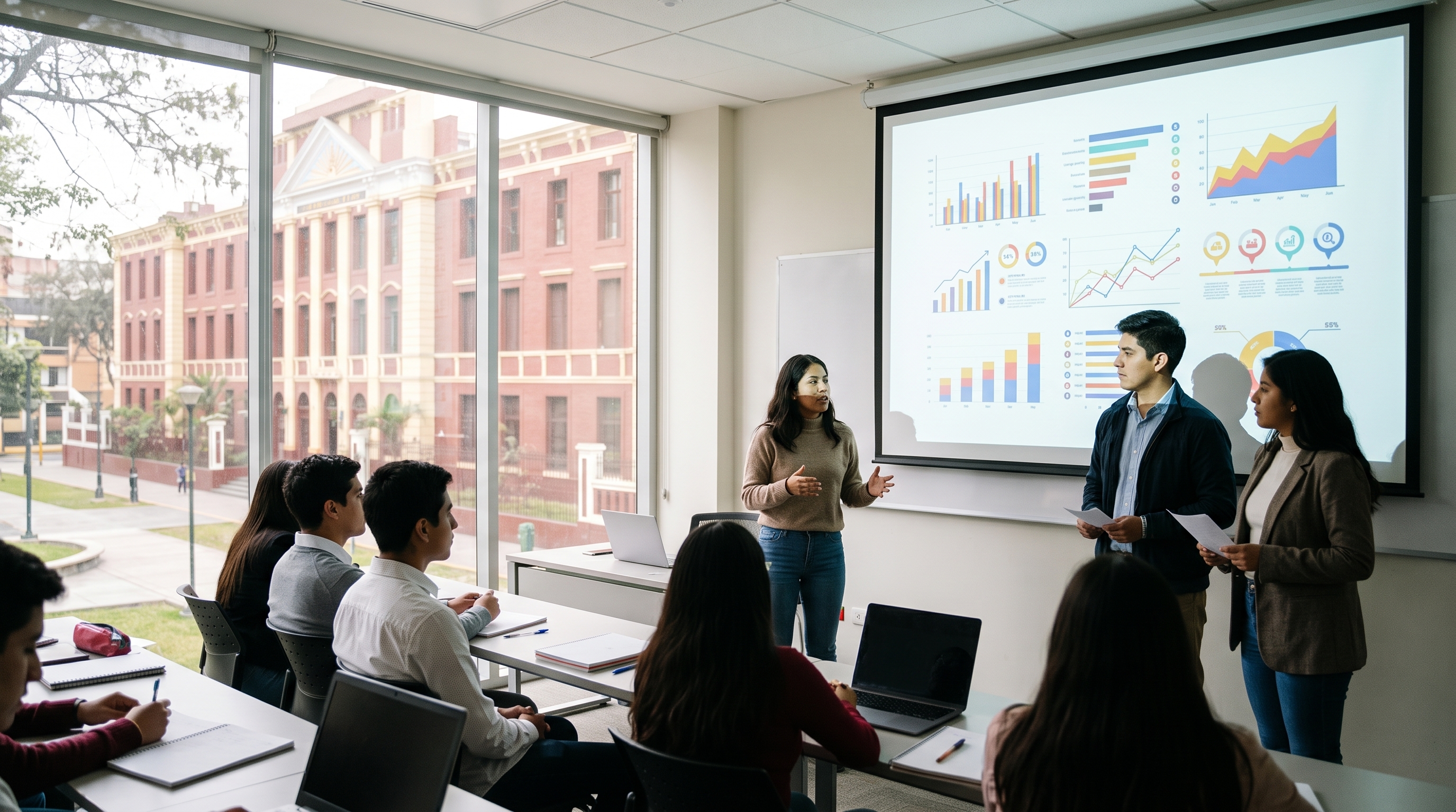 Estudiantes presentando un plan de negocio con gráficos ante sus compañeros