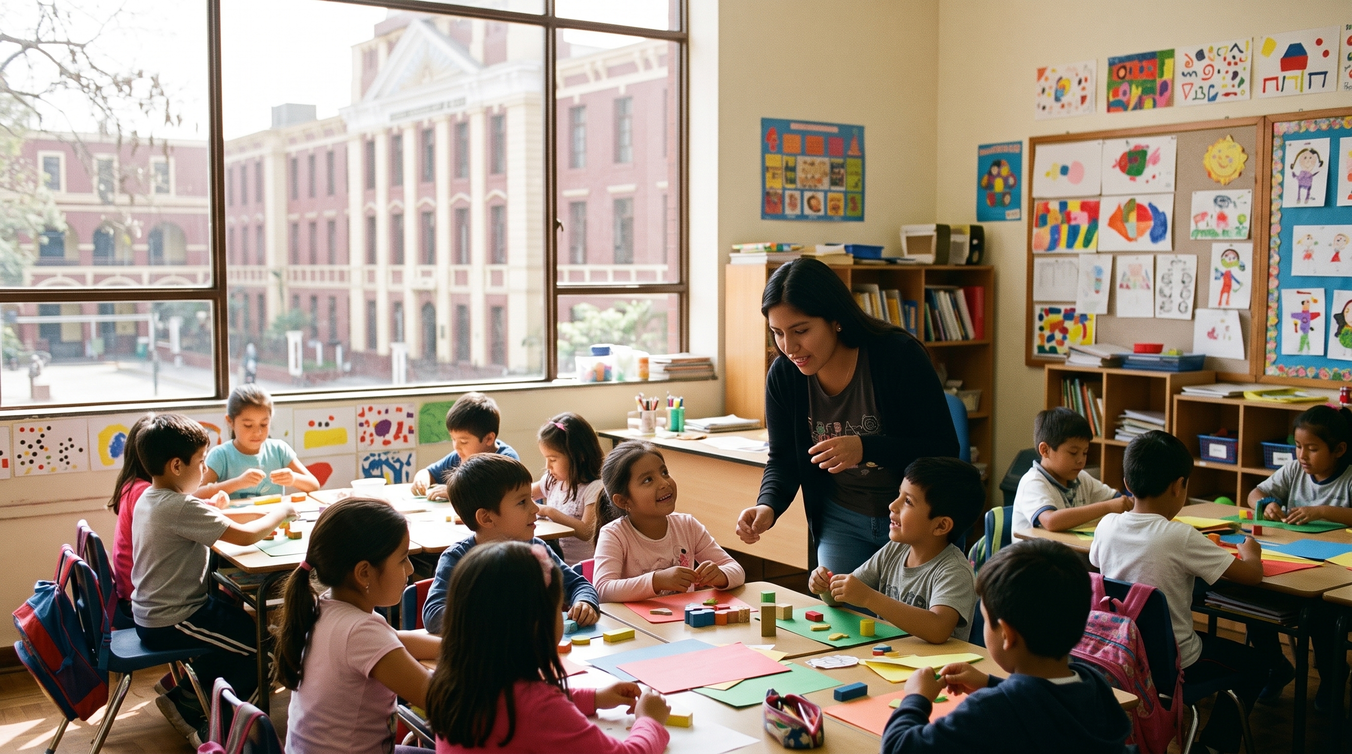 Estudiante de educación dando una clase práctica a niños en un aula luminosa