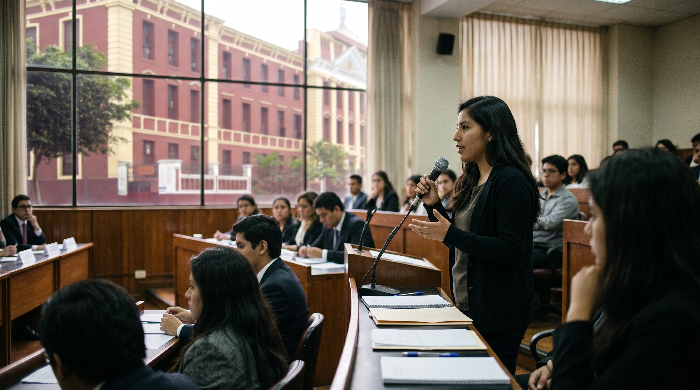 Estudiantes en un debate con toga y micrófono en un aula universitaria
