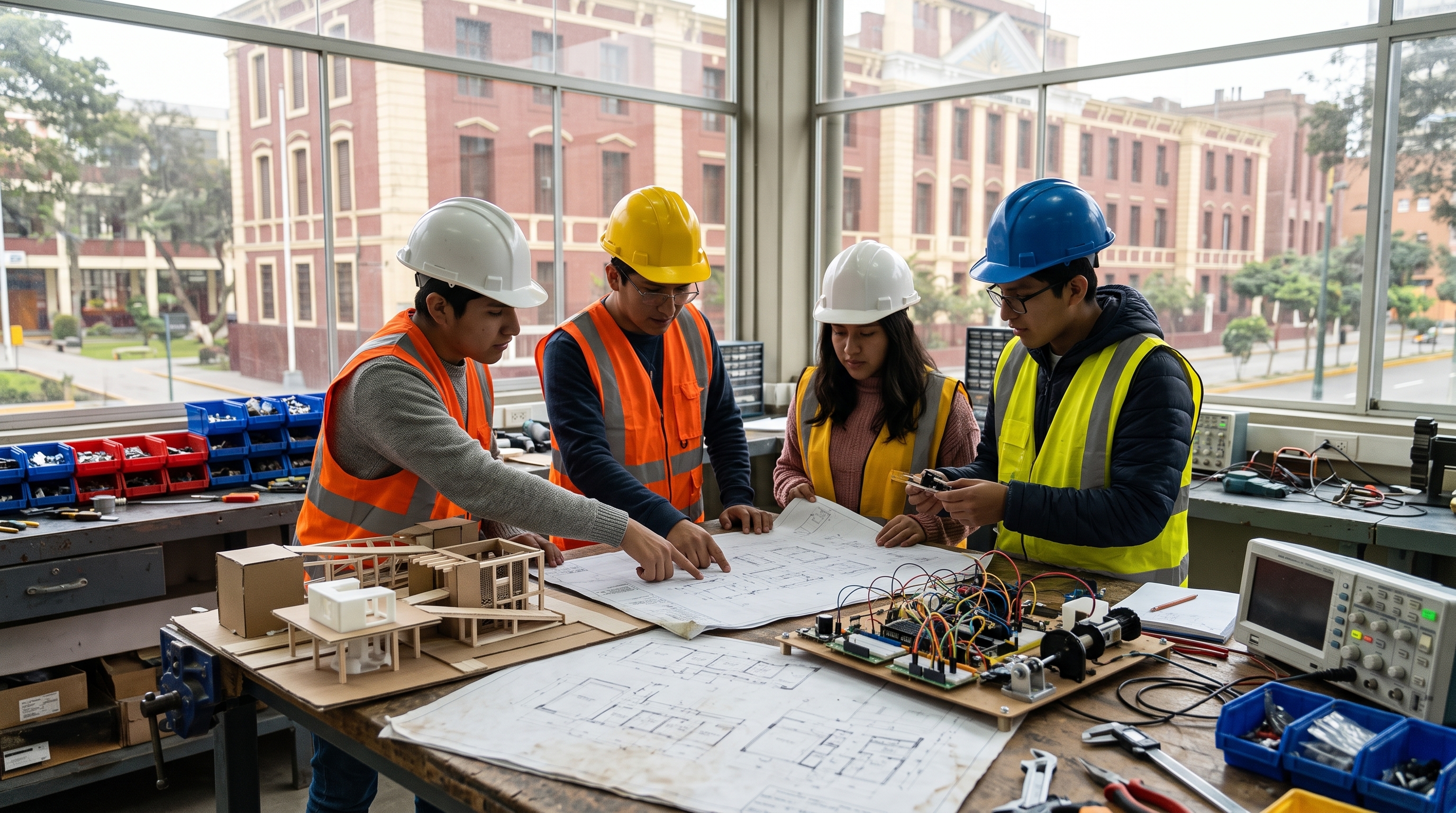 Estudiantes de ingeniería con casco revisando planos junto a una maqueta y un prototipo electrónico