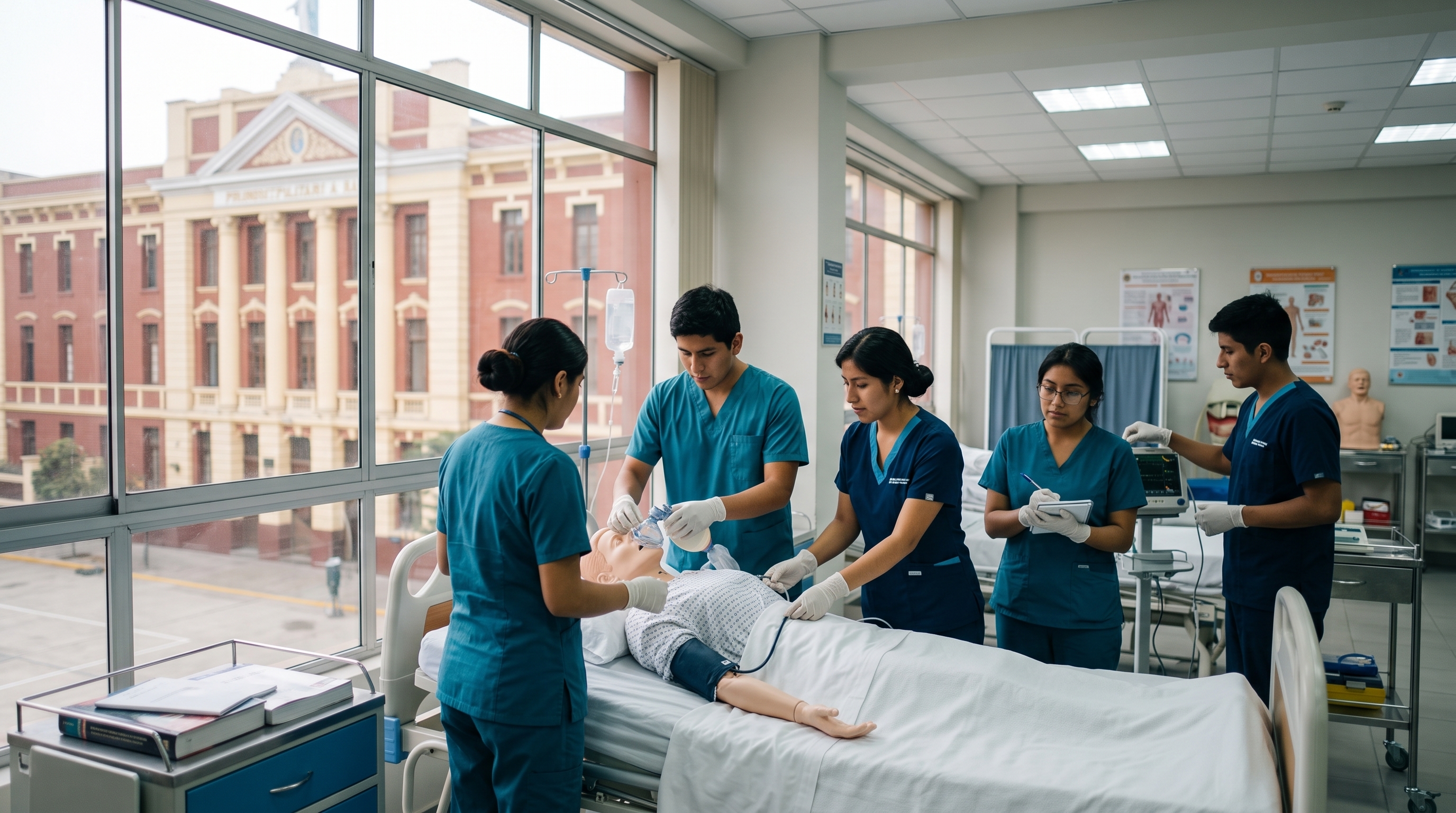 Estudiantes de ciencias de la salud con uniforme clínico practicando en un laboratorio de simulación