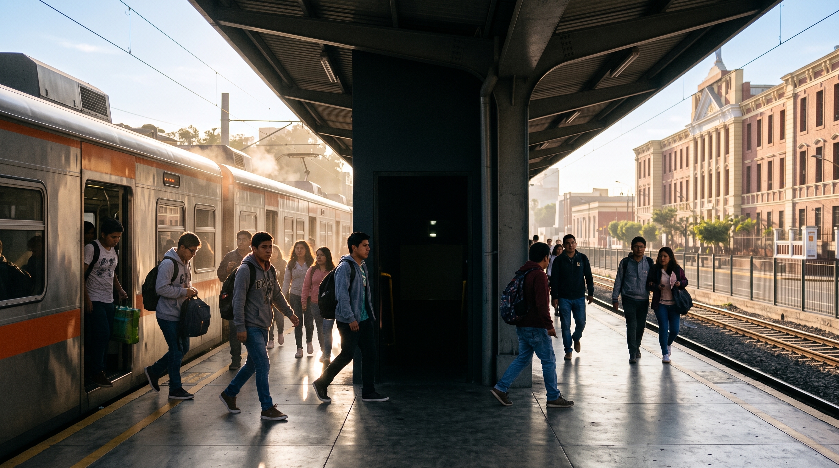 Estudiantes universitarios saliendo de un vagón a un andén iluminado por la luz dorada del amanecer