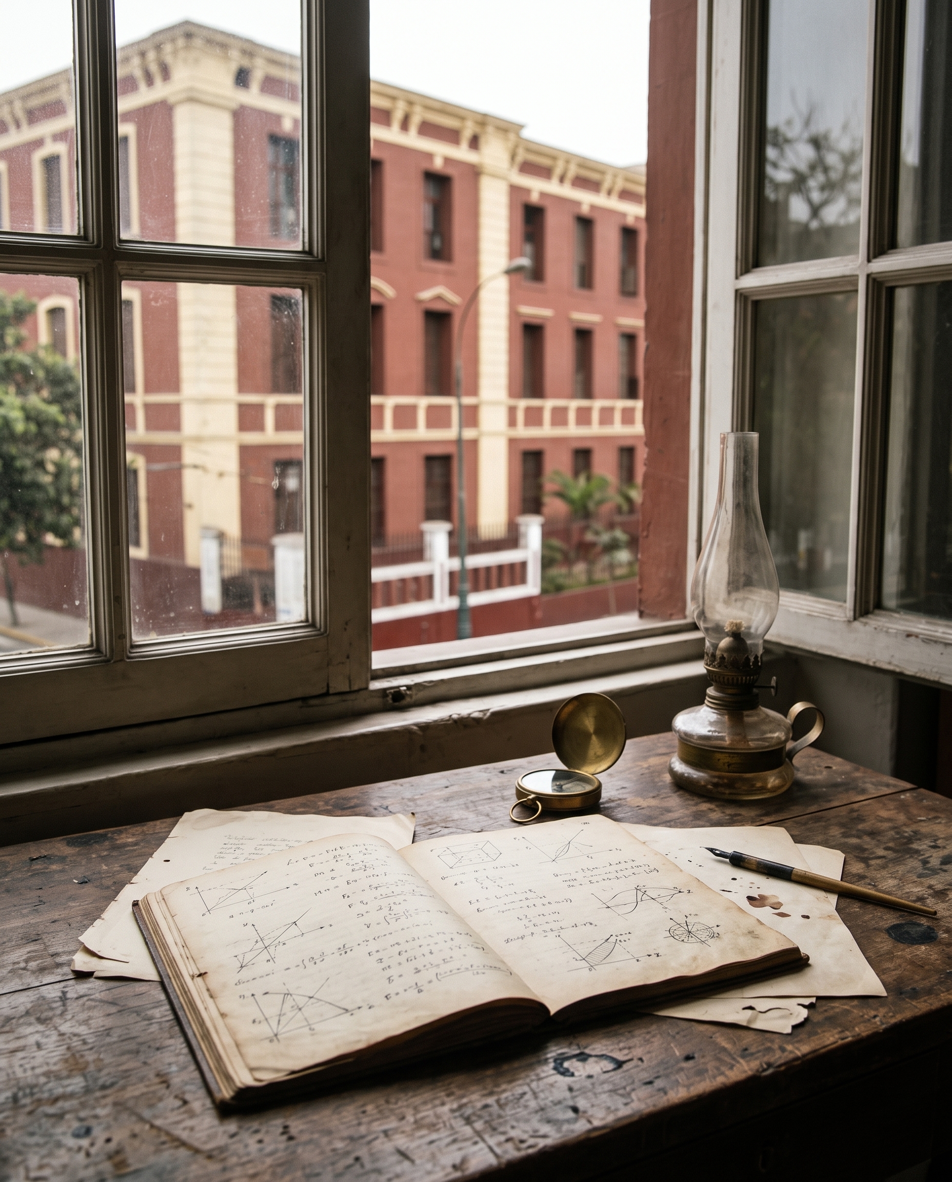 Cuaderno antiguo con fórmulas escritas a pluma junto a un compás de bronce sobre un escritorio de madera
