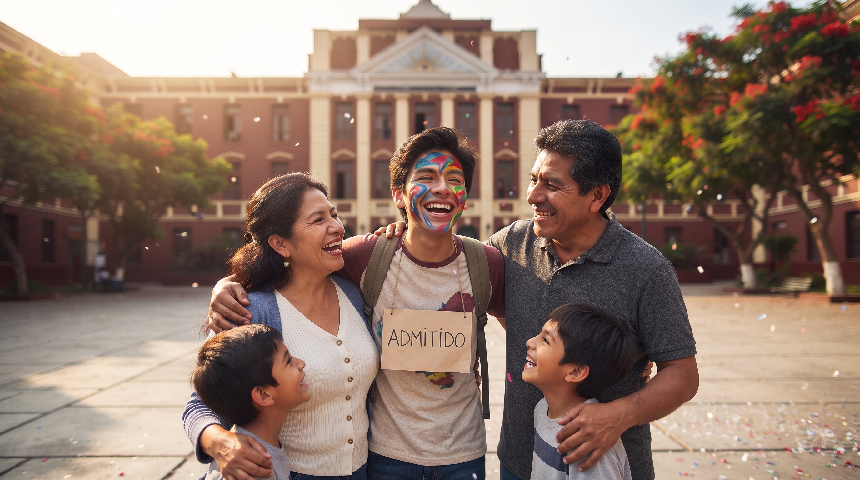 Joven ingresante celebrando con su familia entre abrazos y risas al aire libre