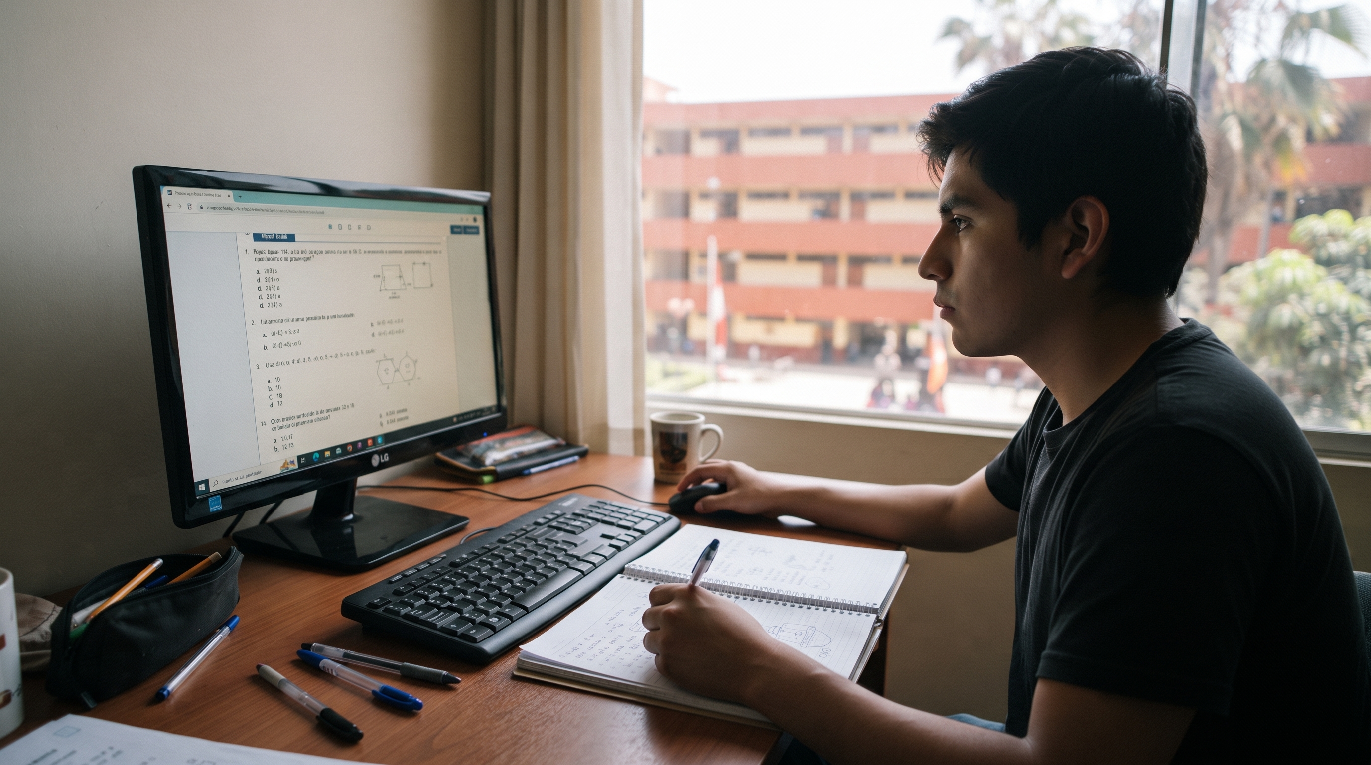 Postulante concentrada rindiendo un simulacro en la computadora de su casa