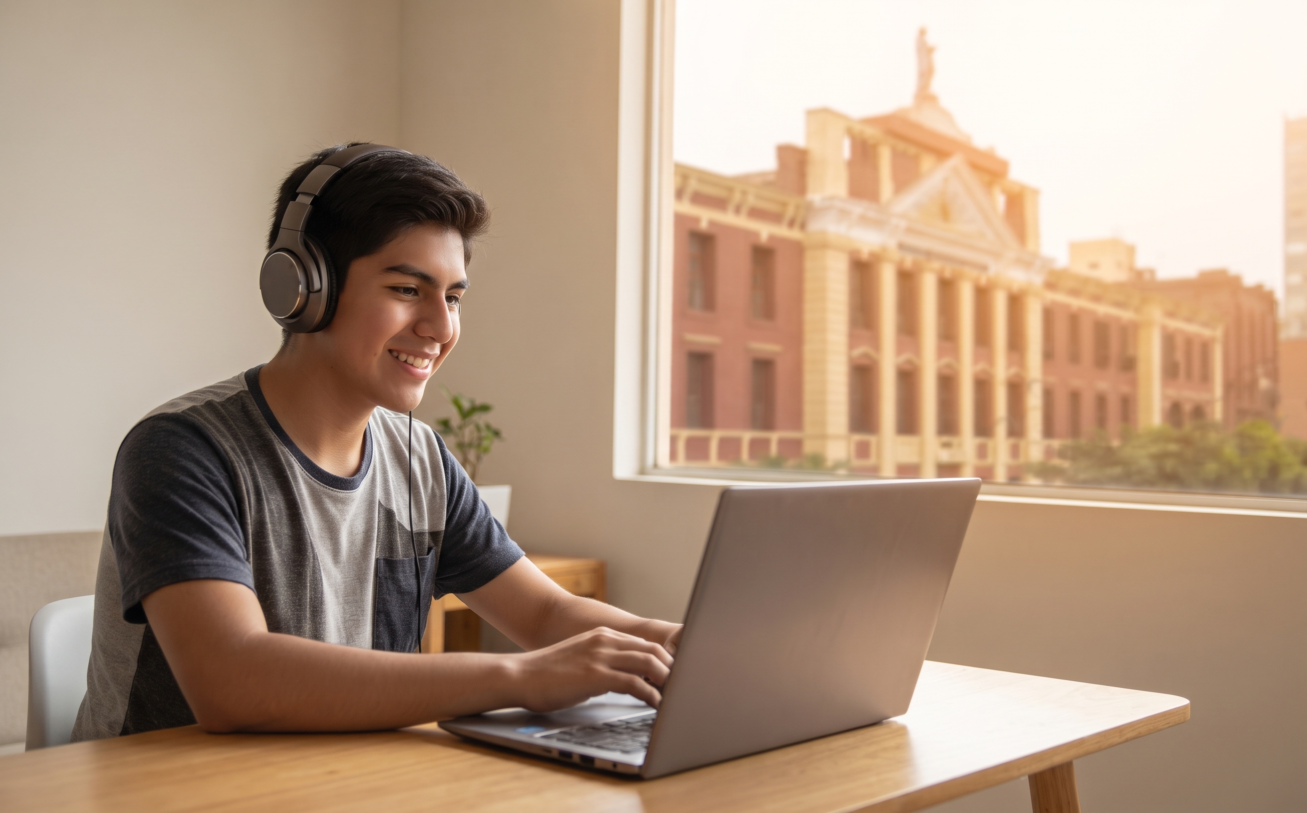 Profesor explicando una clase en vivo vista en la laptop de un estudiante que toma apuntes