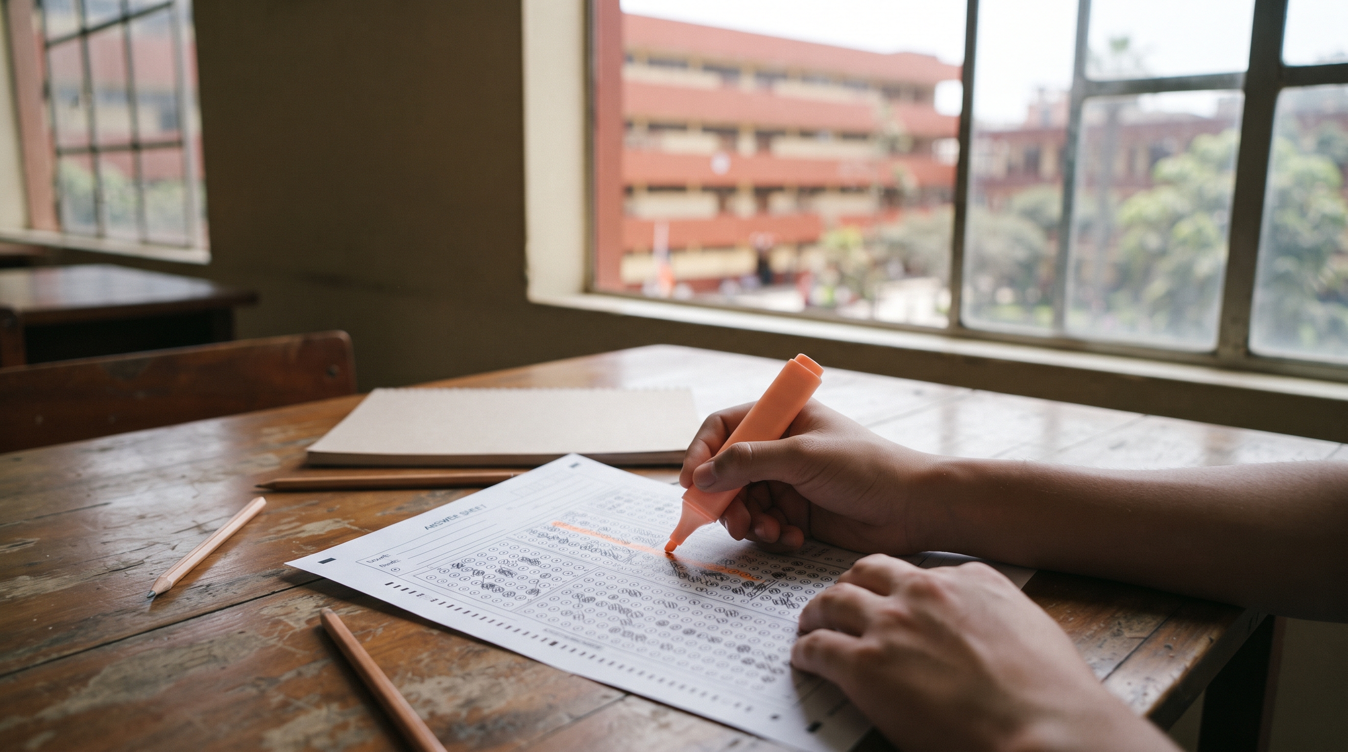 Estudiante revisando sus respuestas con un resaltador naranja