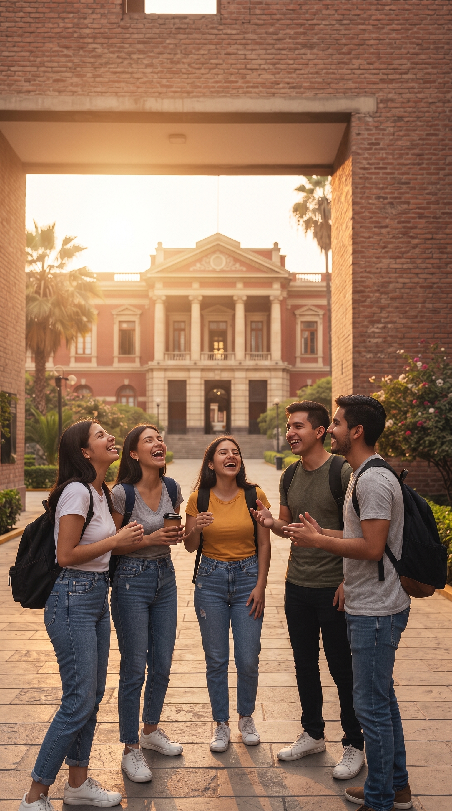 Estudiantes universitarios conversando y riendo en el patio de una universidad pública de Lima