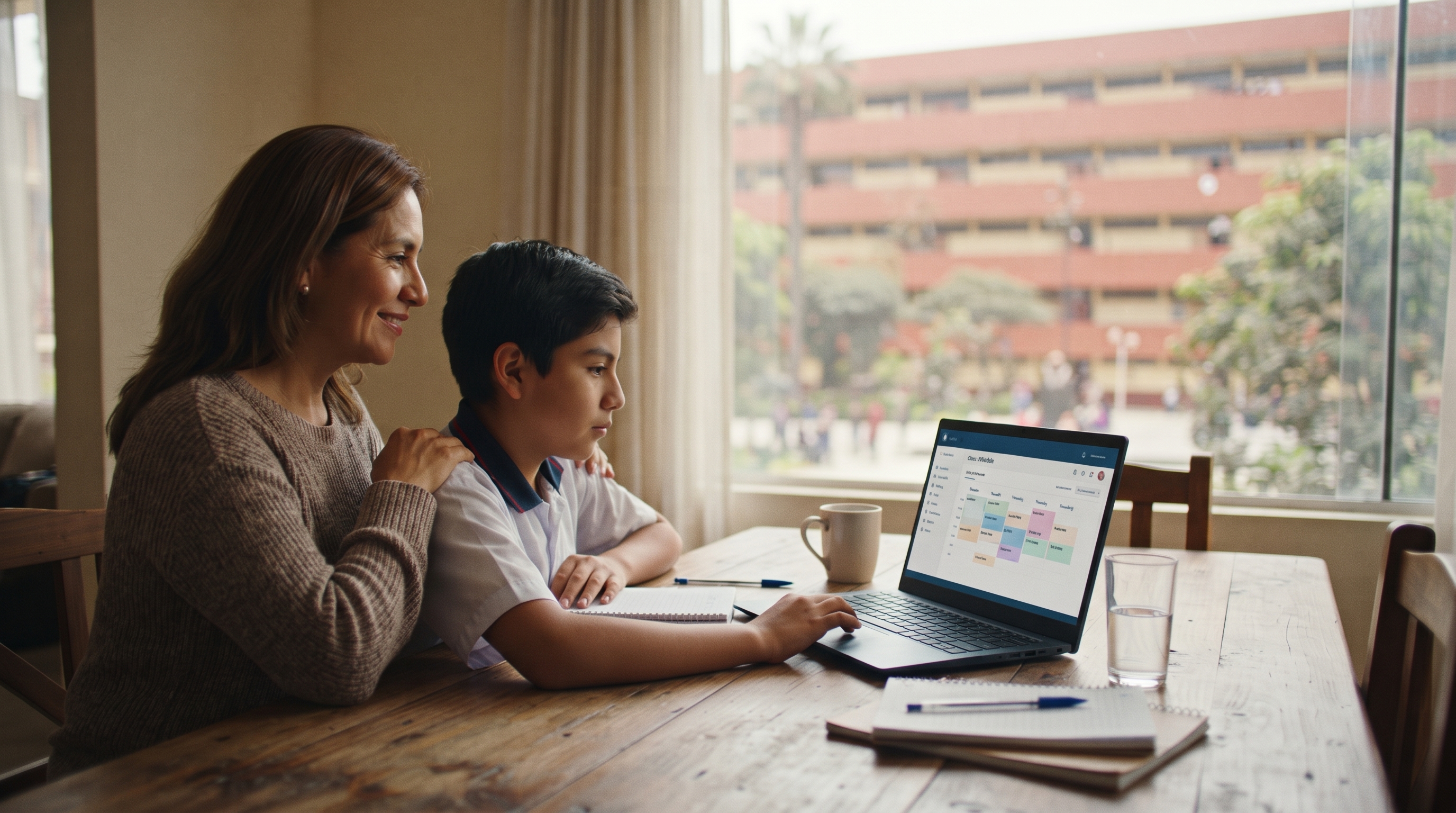 Madre e hijo revisando juntos un horario de clases en una laptop en la mesa de su casa