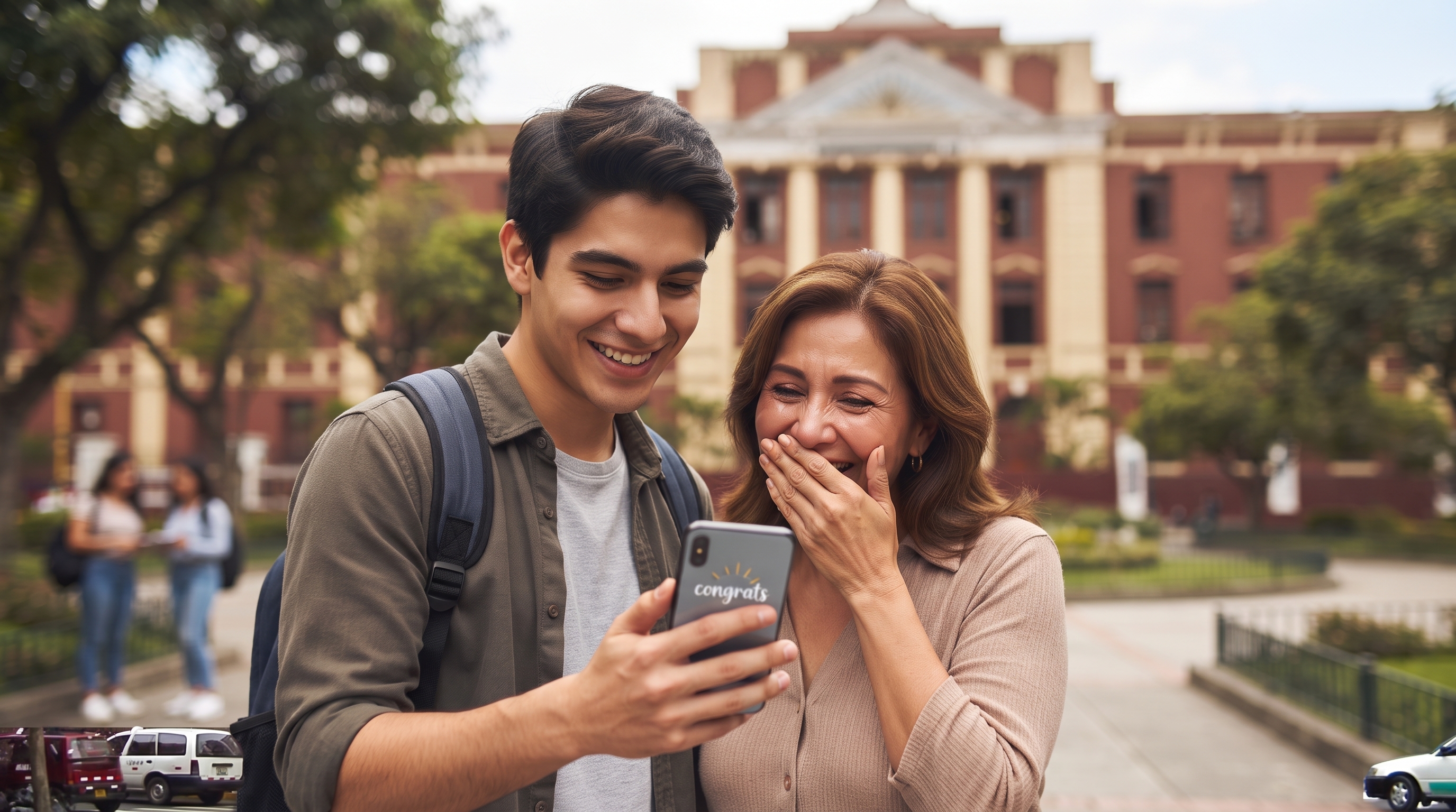 Postulante y su madre mirando juntos el celular con emoción