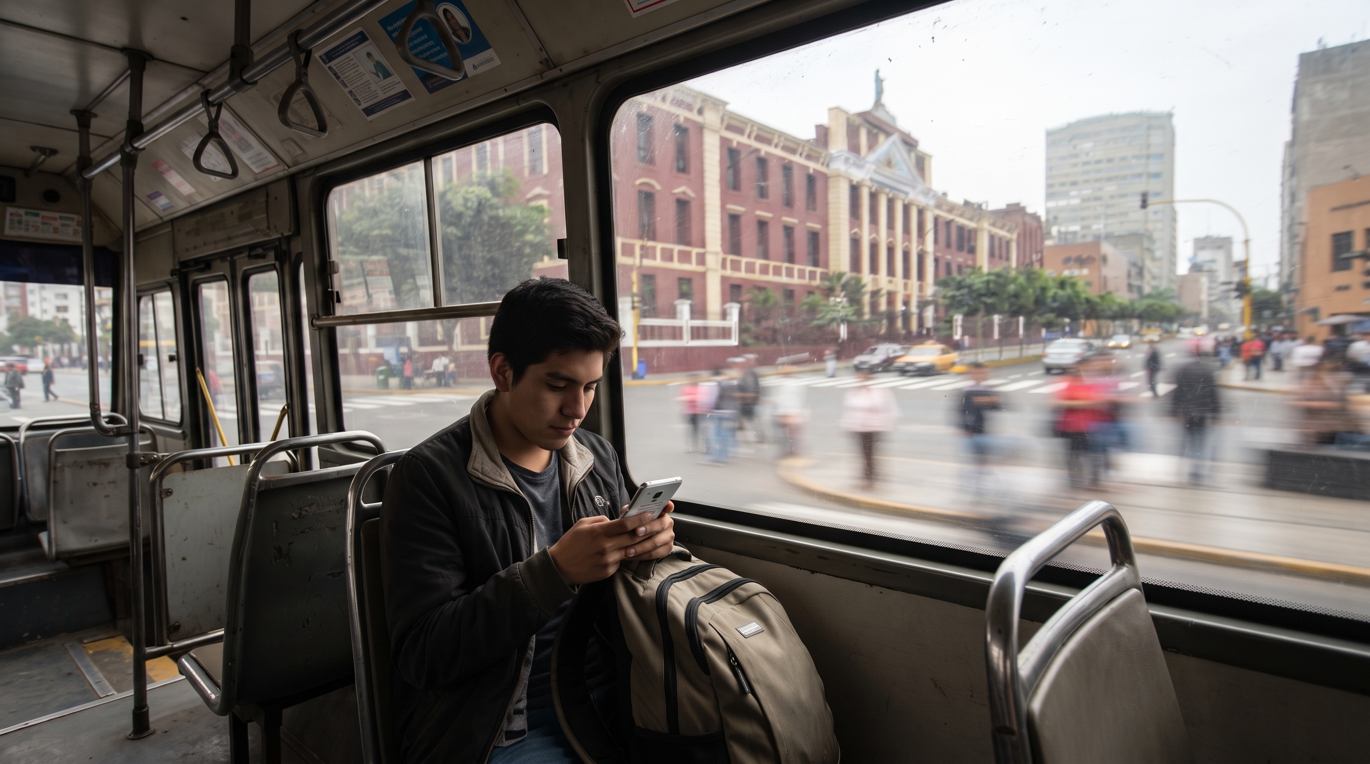 Joven leyendo noticias en su celular dentro de un bus de Lima