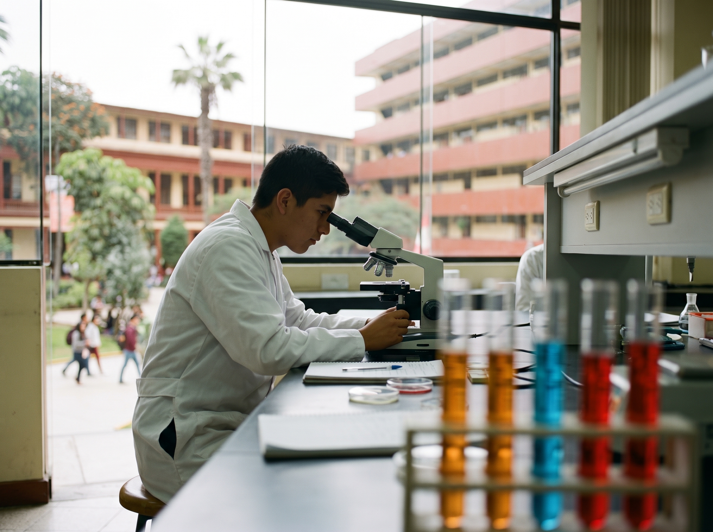 Estudiante observando por un microscopio en un laboratorio