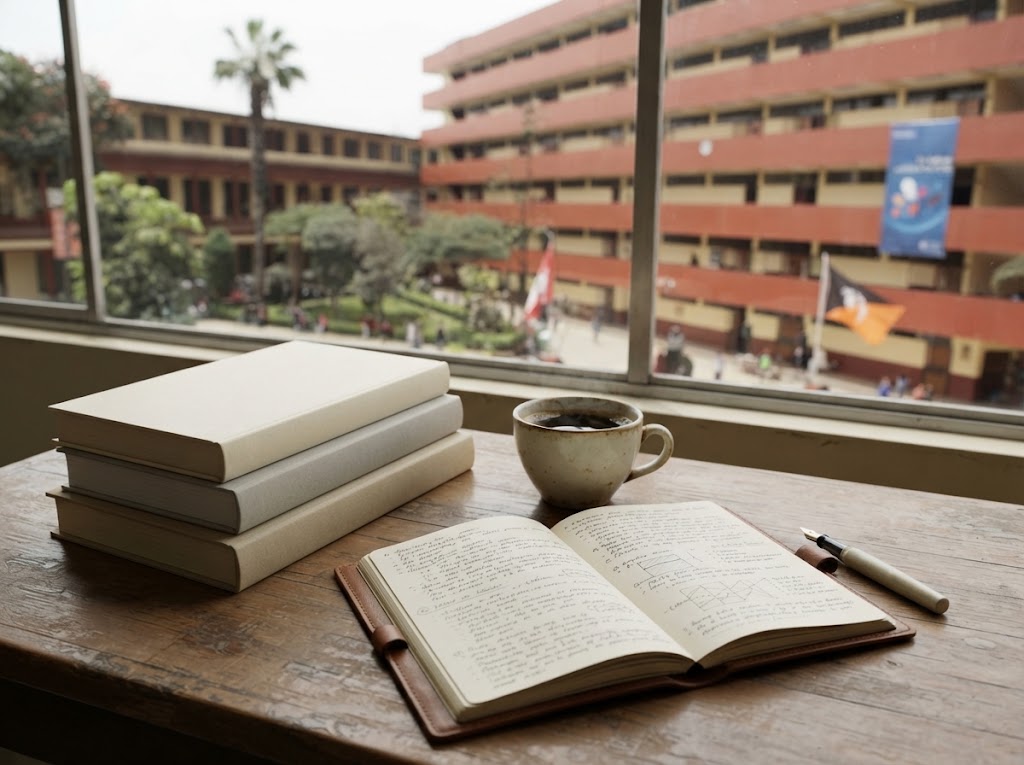 Pila de libros de literatura junto a una taza de café y un cuaderno abierto