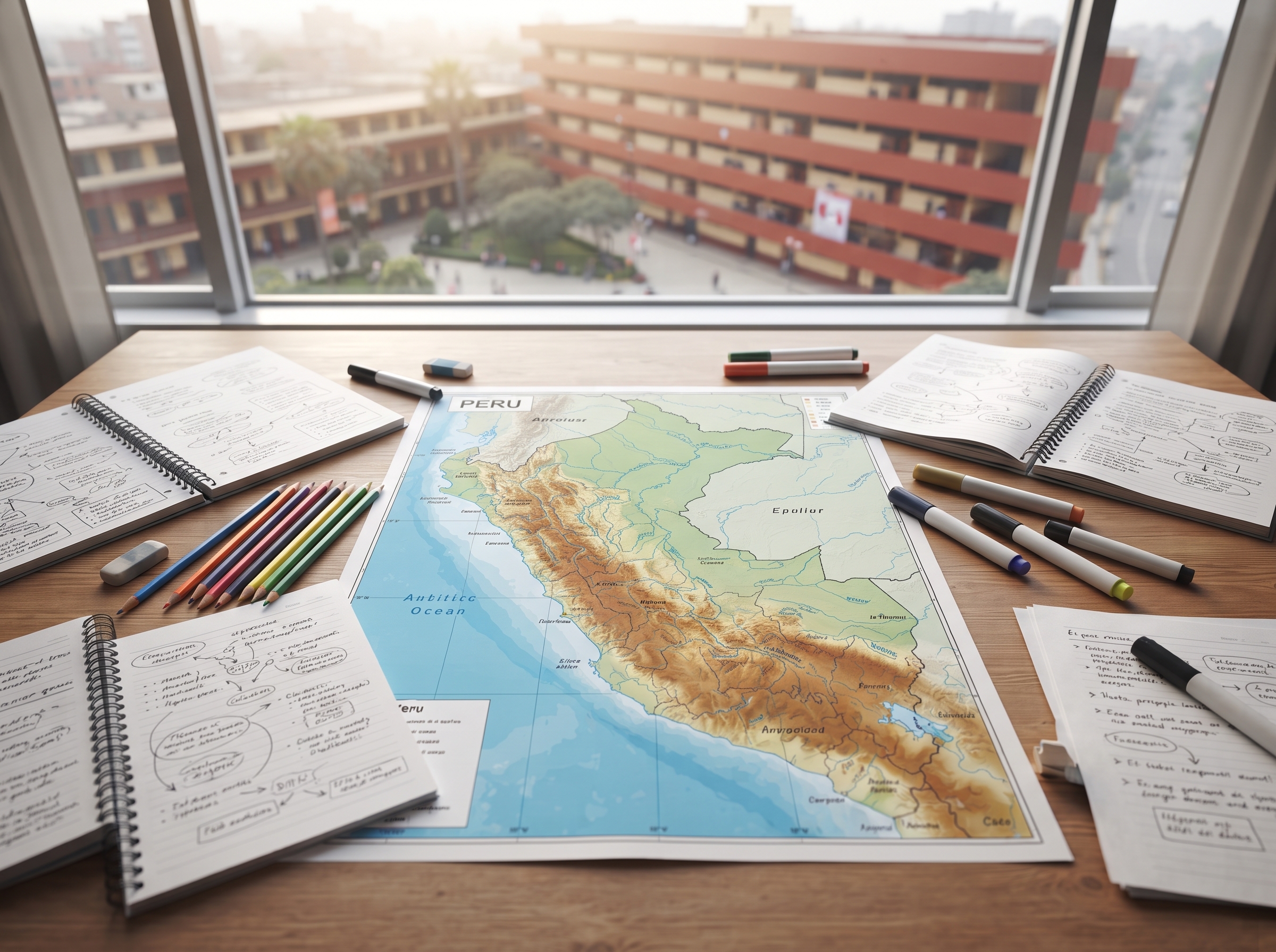 Mapa del Perú desplegado sobre una mesa con apuntes y marcadores