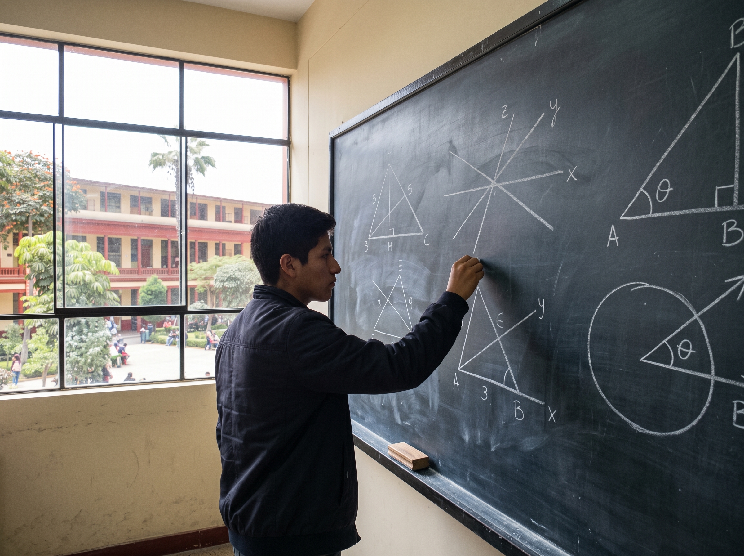 Estudiante resolviendo ejercicios de geometría en una pizarra