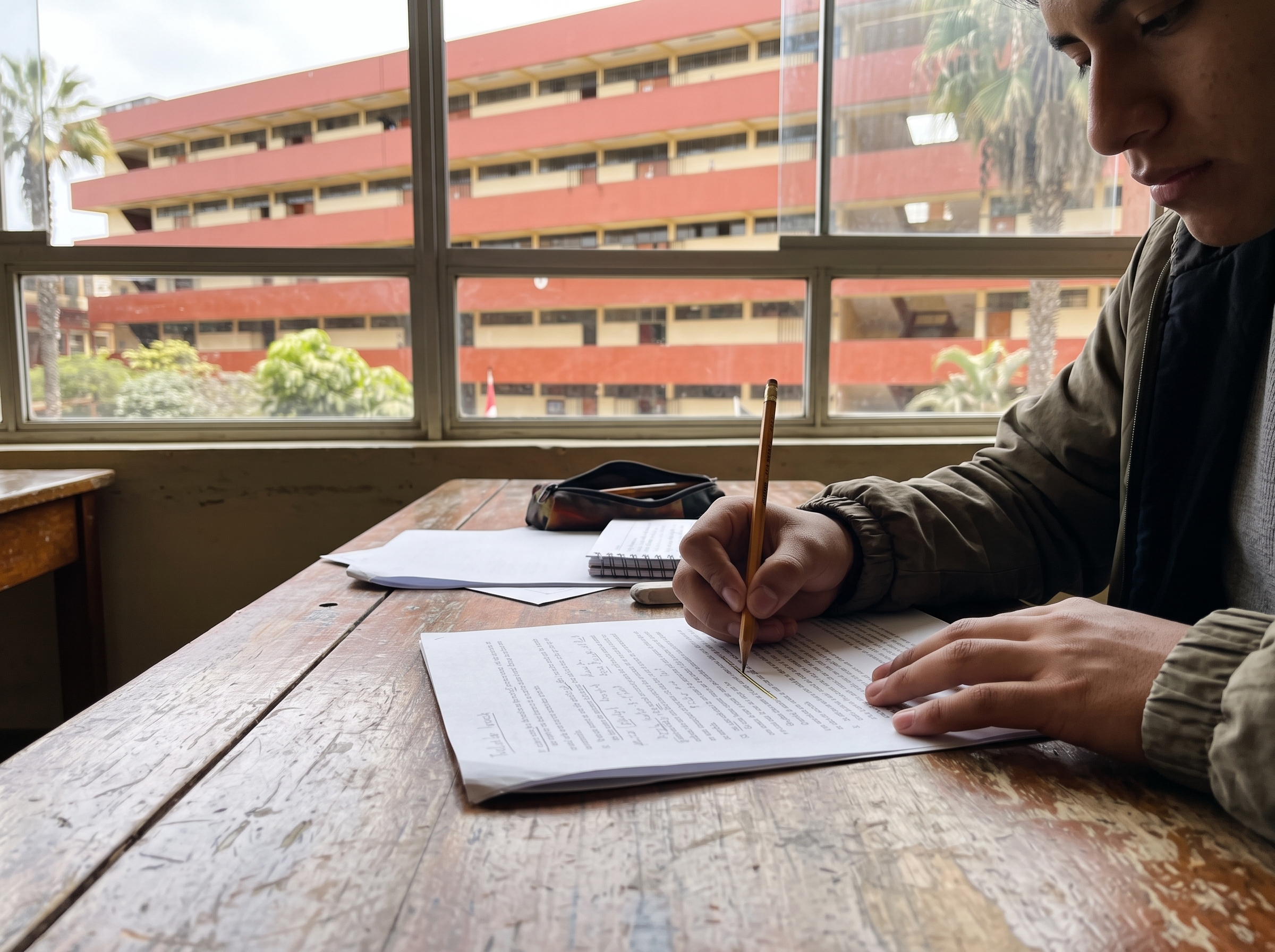 Estudiante subrayando un texto con un lápiz sobre una mesa de madera