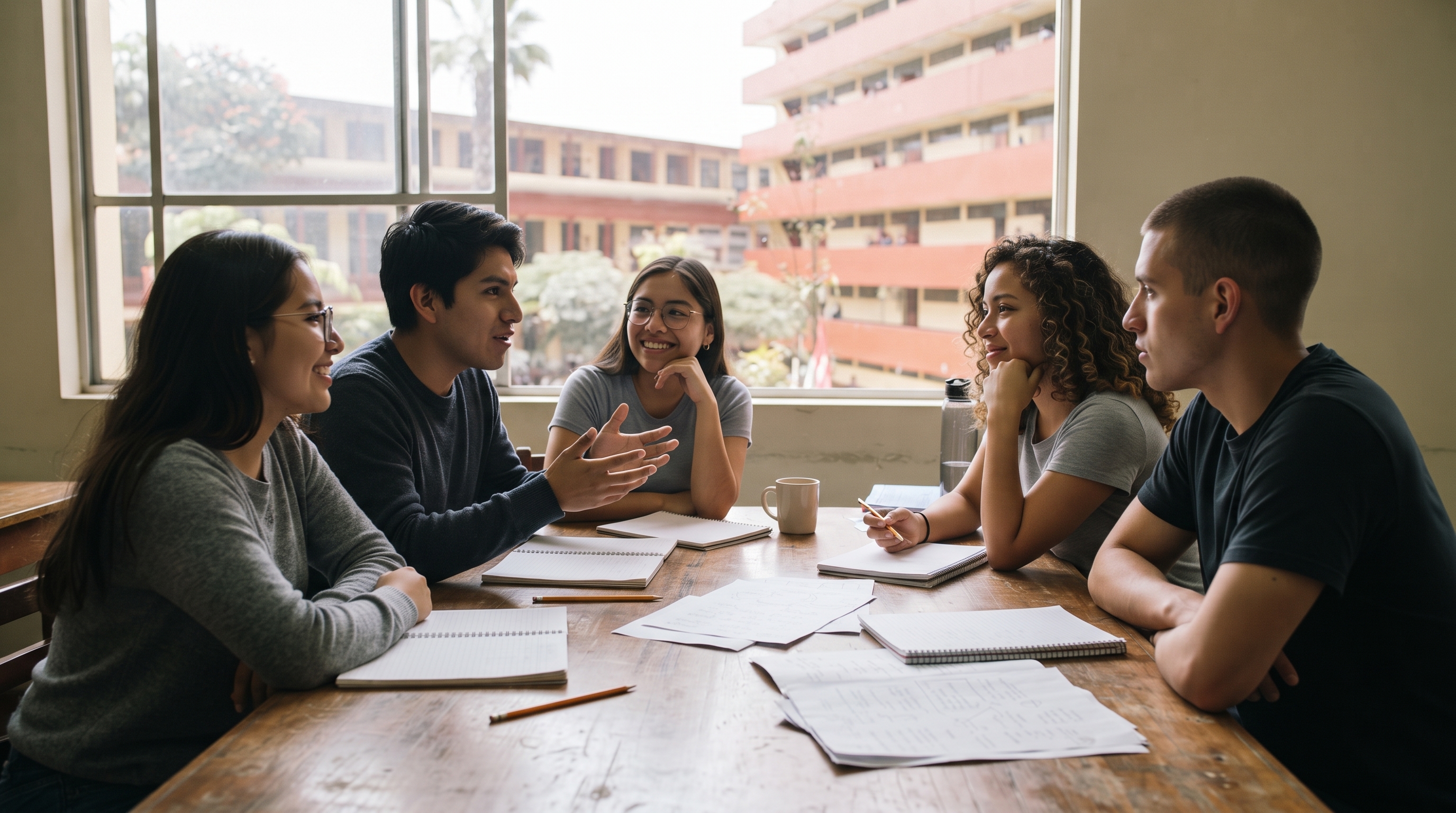 Grupo de estudiantes conversando alrededor de una mesa
