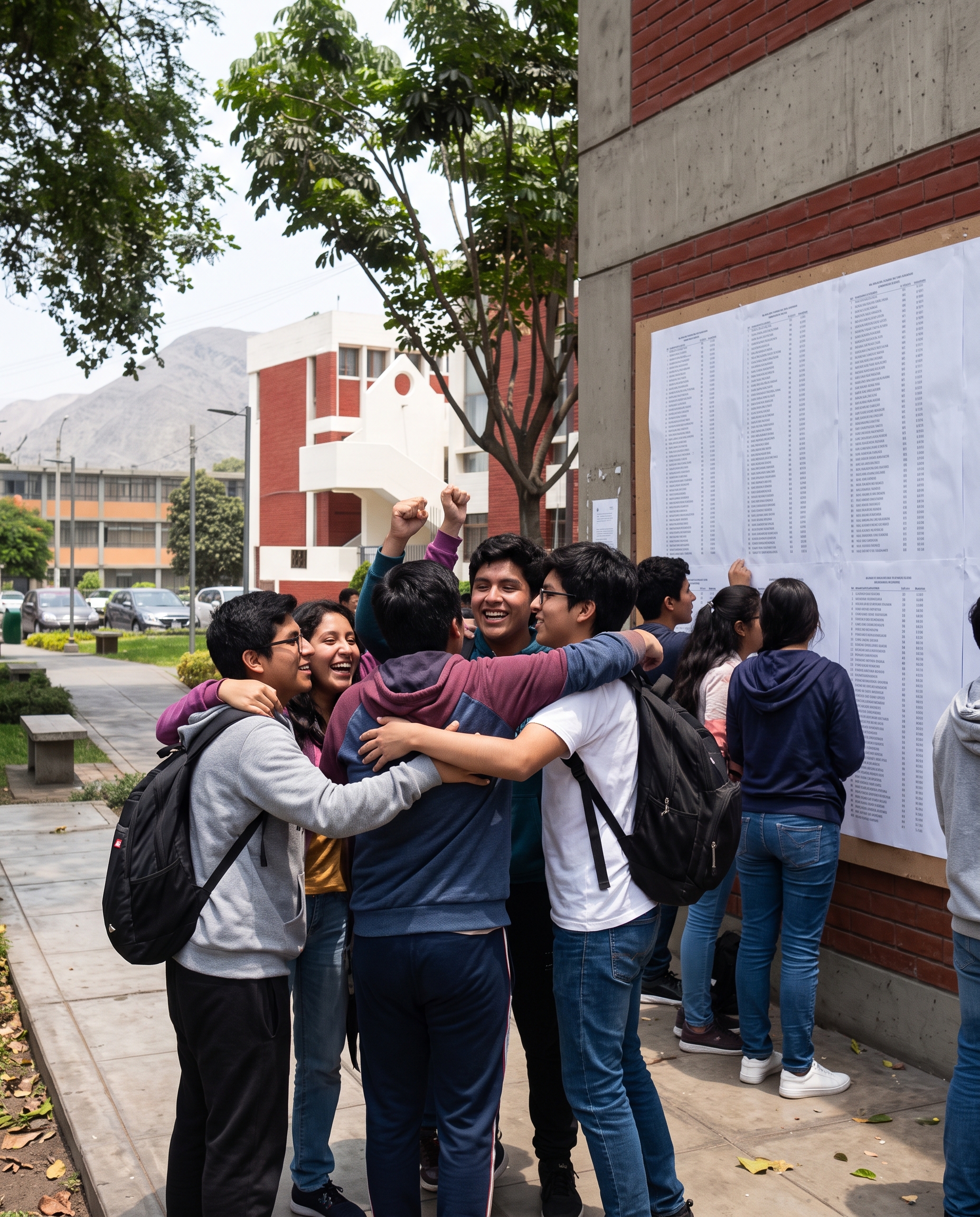 Jóvenes celebrando al encontrar su nombre en la lista de ingresantes