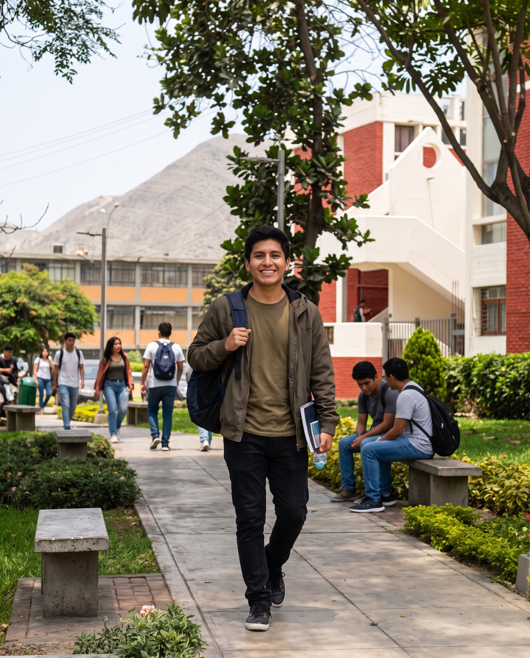 Estudiante de primer año caminando feliz por un campus universitario
