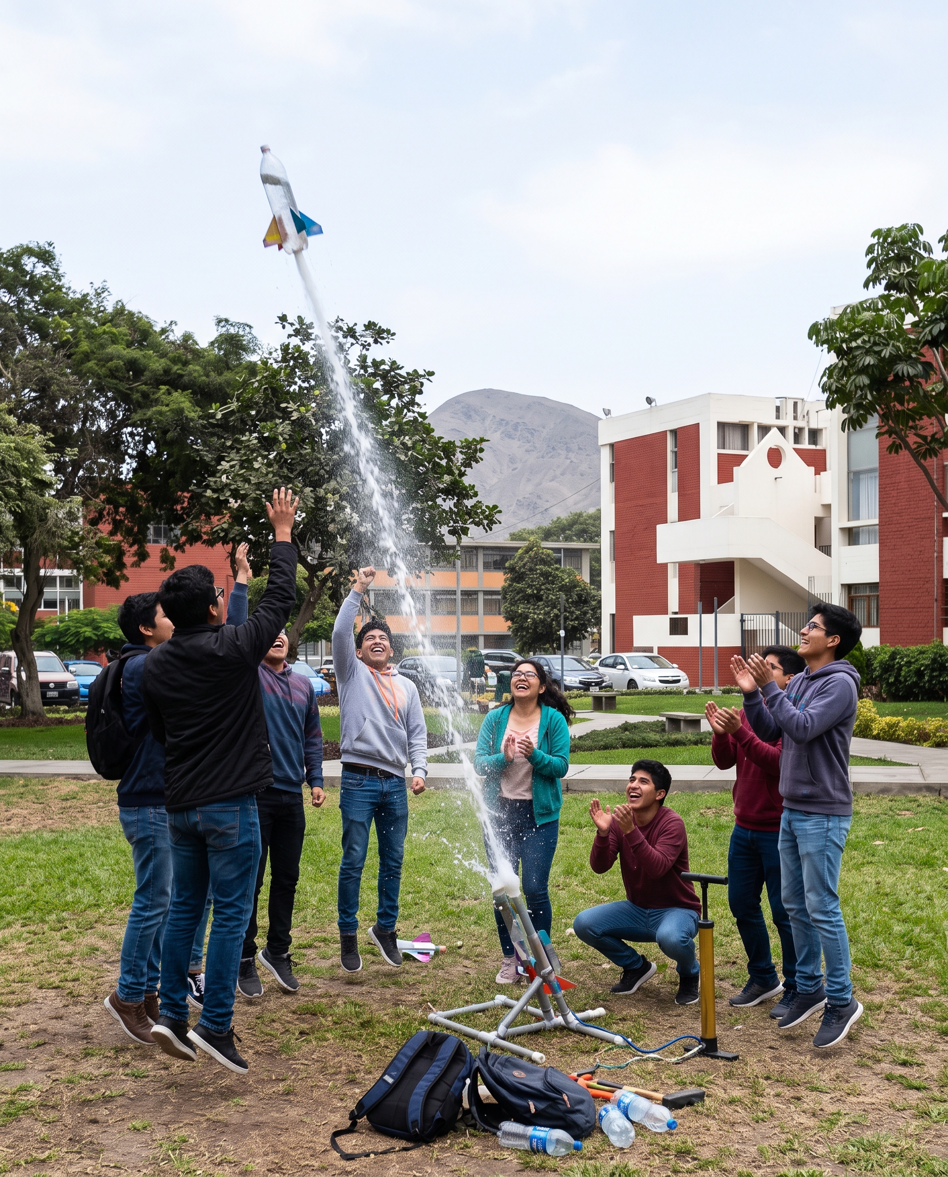 Equipo de estudiantes lanzando un pequeño cohete en un campo abierto