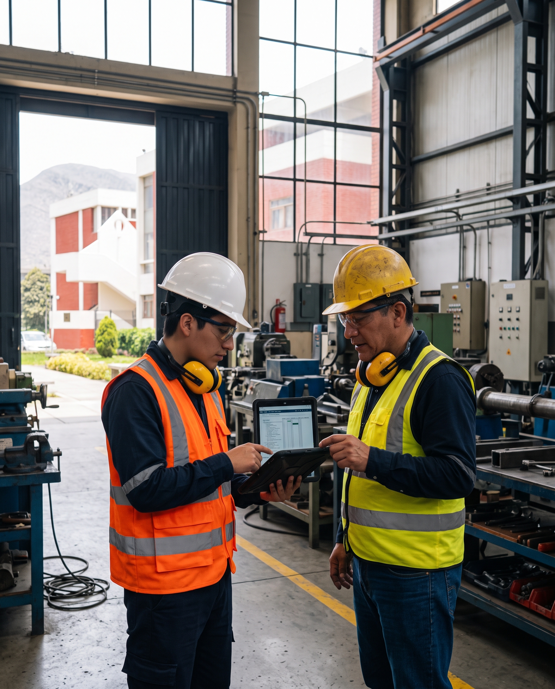 Practicante de ingeniería con casco revisando una tablet en una planta industrial