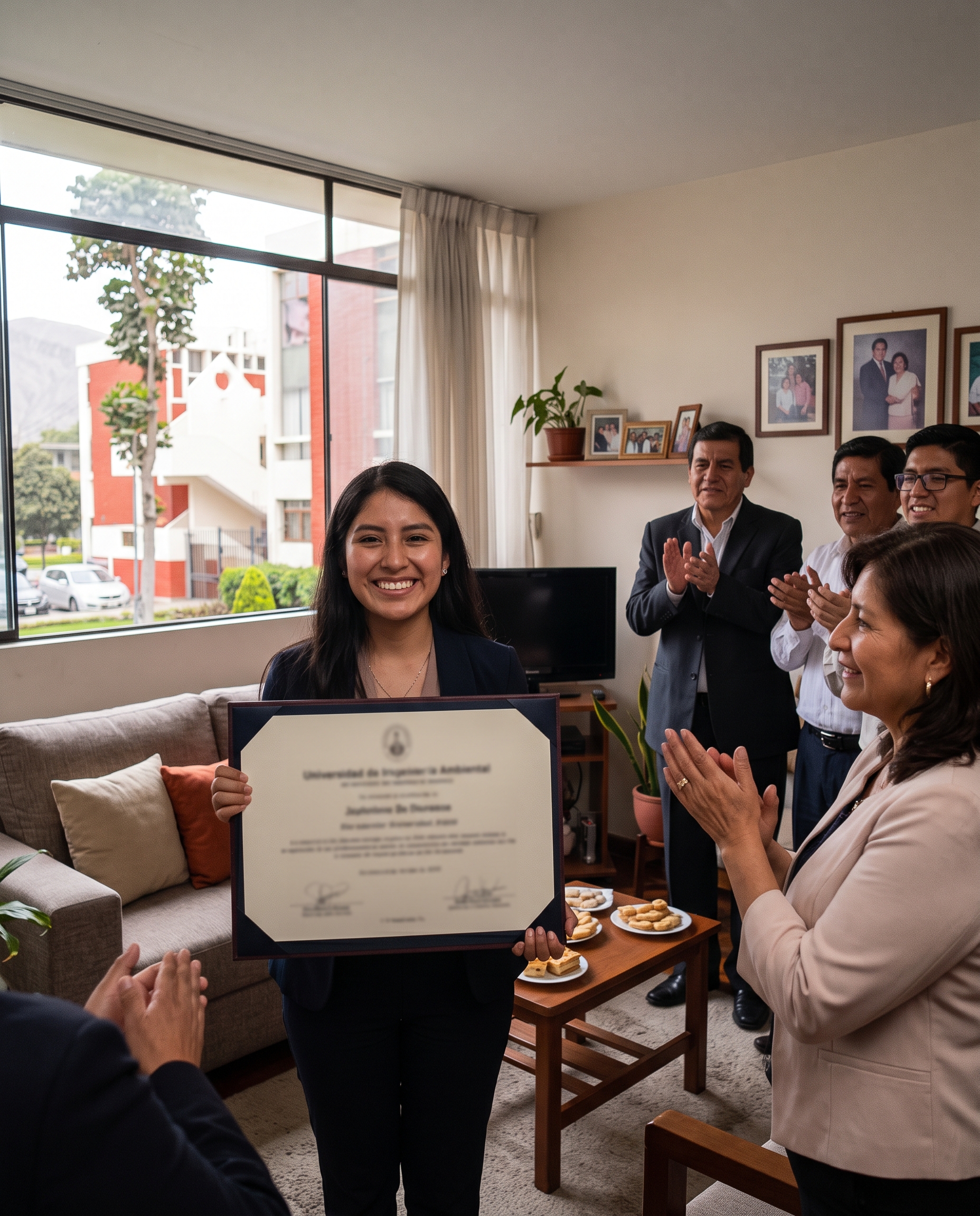 Joven ingeniera recién titulada sosteniendo su diploma ante su familia