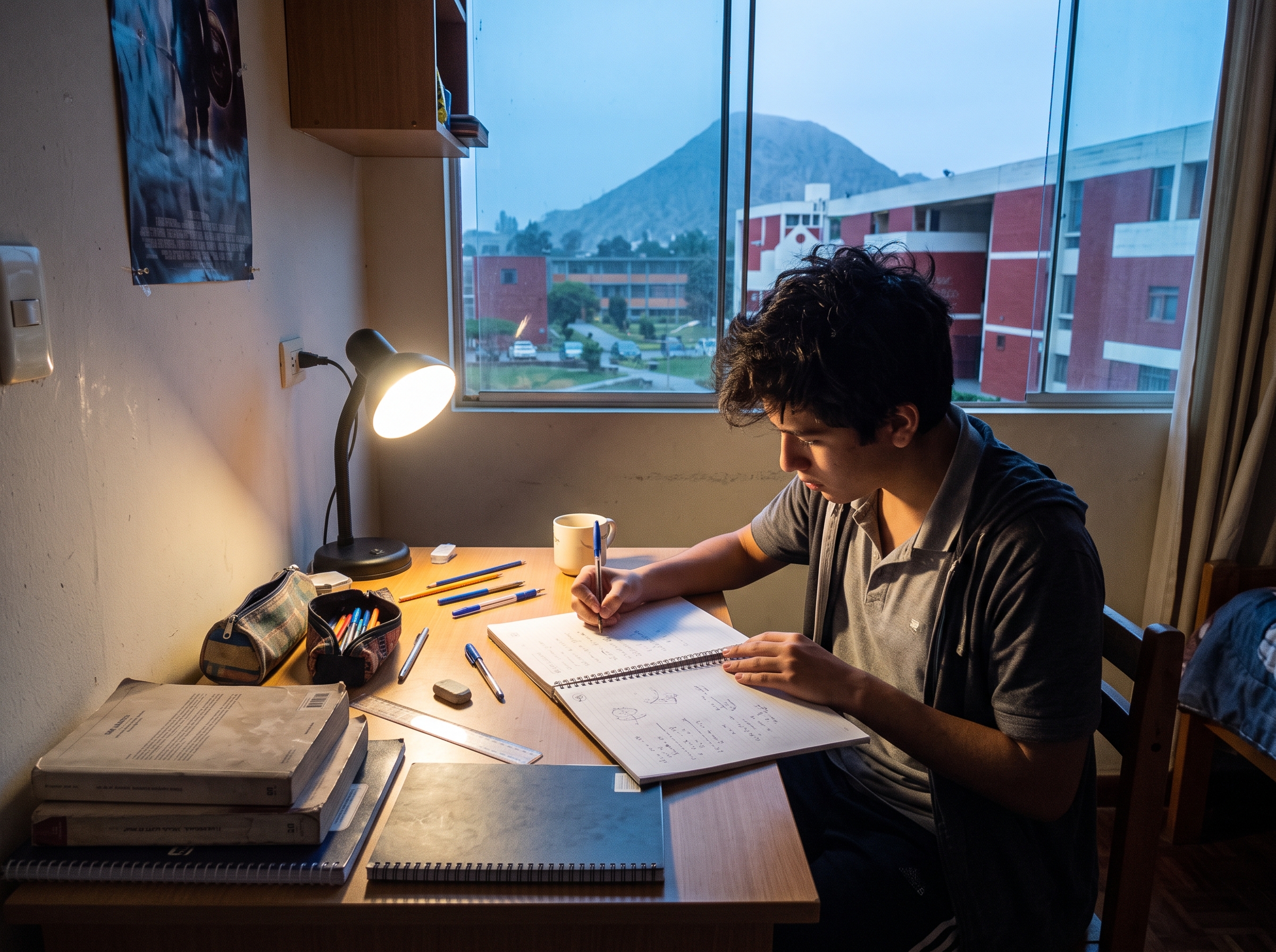 Estudiante empezando a estudiar álgebra al amanecer en su escritorio