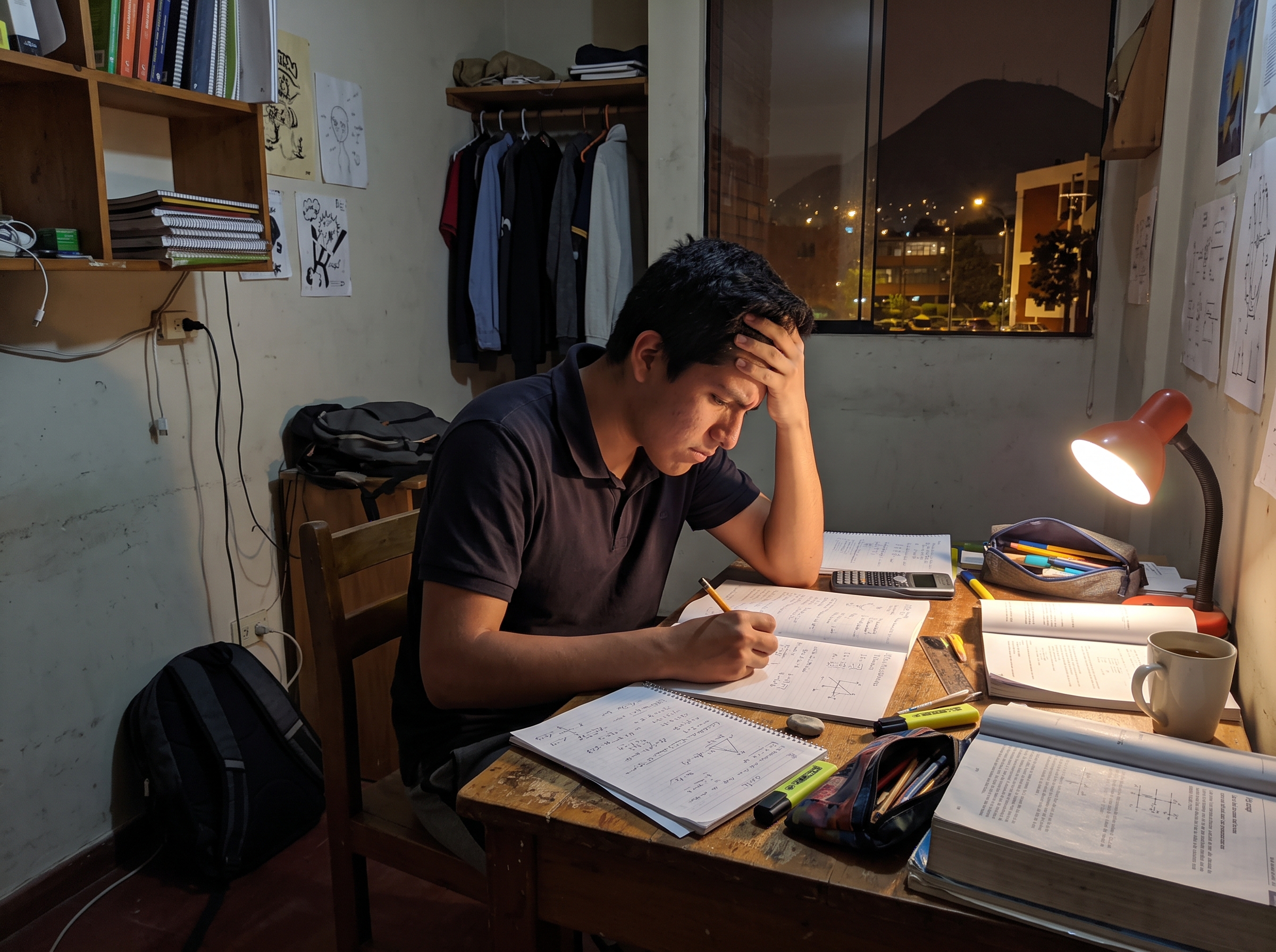 Joven concentrado resolviendo problemas de física de noche